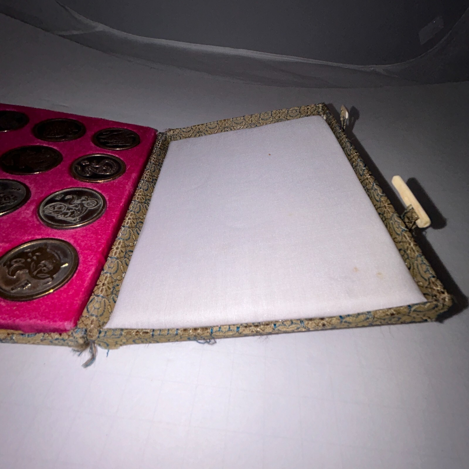 Chinese Zodiac Metal Coins Collection Antique Brass Historical, Silk Box