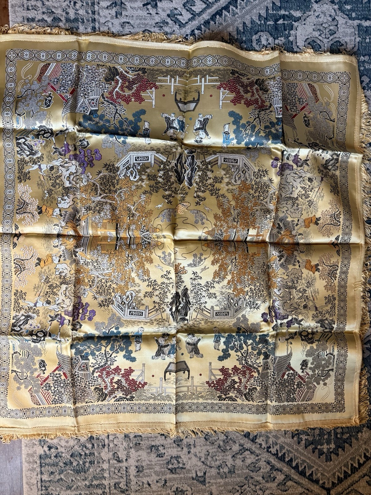 Vintage Chinese Silk Brocade Tablecloth woven fringe children scenes 37 x38”