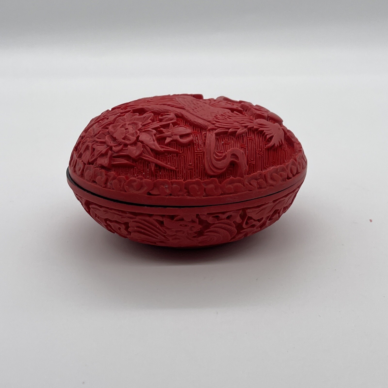 Trinket Box Cinnabar Phoenix Design on Lid & throughout Brilliant￼ Red￼ Vintage