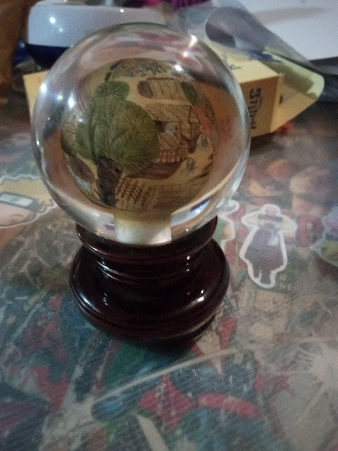 Vintage Chinese Hand Reverse Painted Glass Globe / Wooden Base Stand – 5″ Sphere