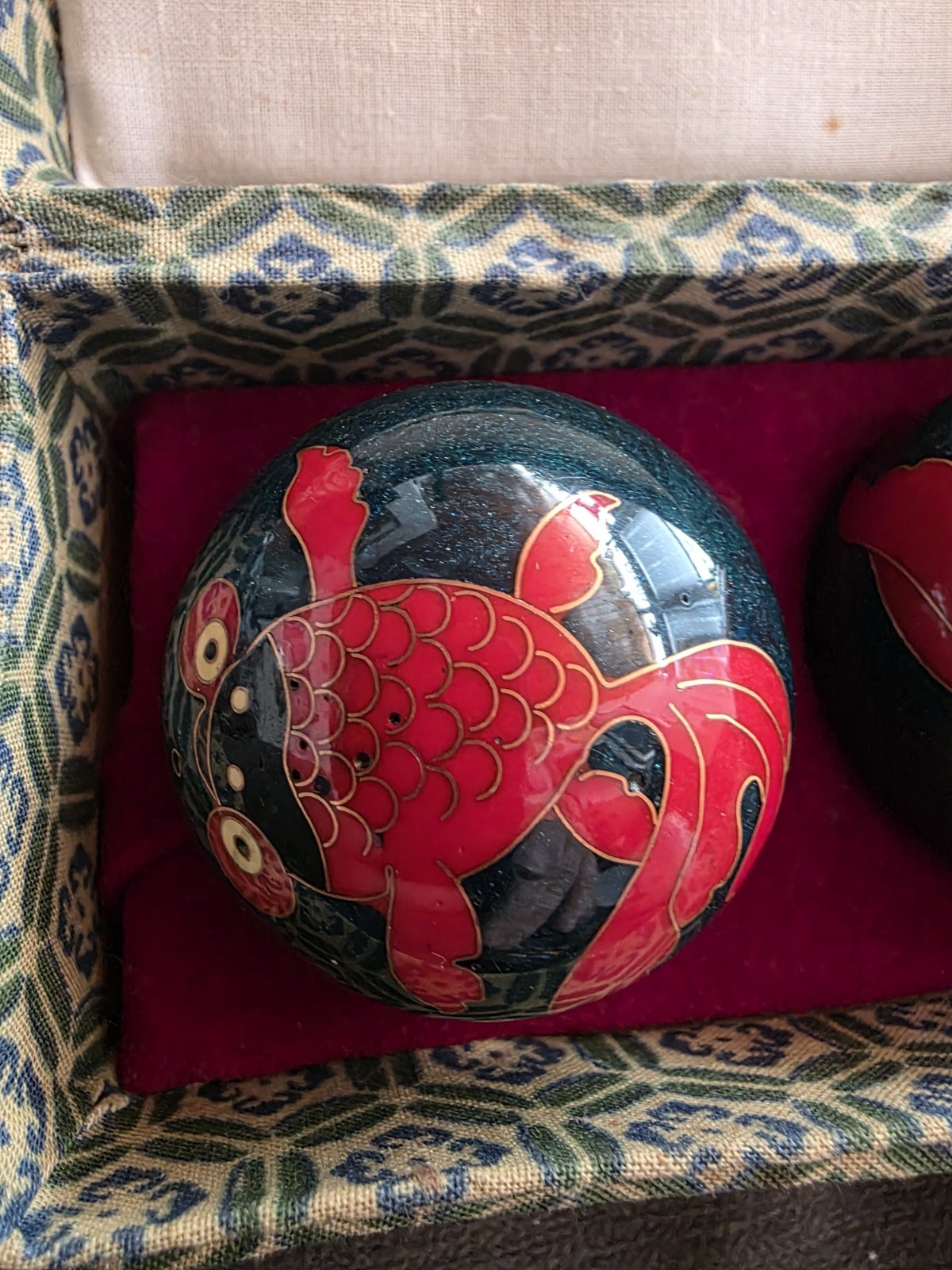 Vintage Chinese Baoding Health Medicine Musical Balls w/Box Koi Fish Shouxing