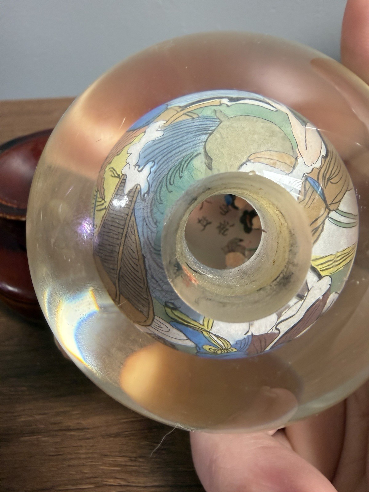 Vintage Chinese Hand Painted Reverse Art Glass Globe With Stand