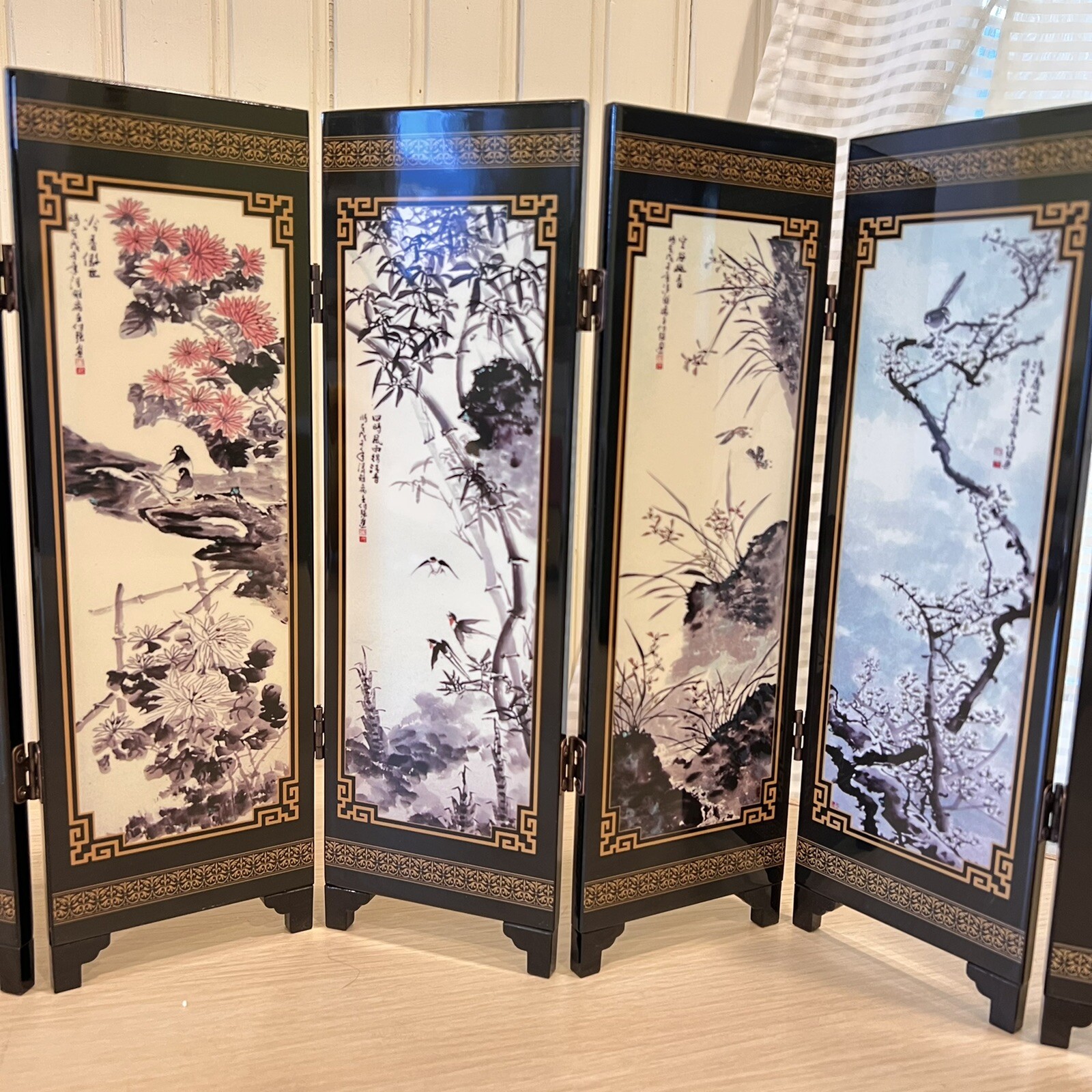 MINI ASIAN ORIENTAL 6 PANEL 9.5”TABLETOP ROOM DIVIDER LACQUERED Gift Boxed