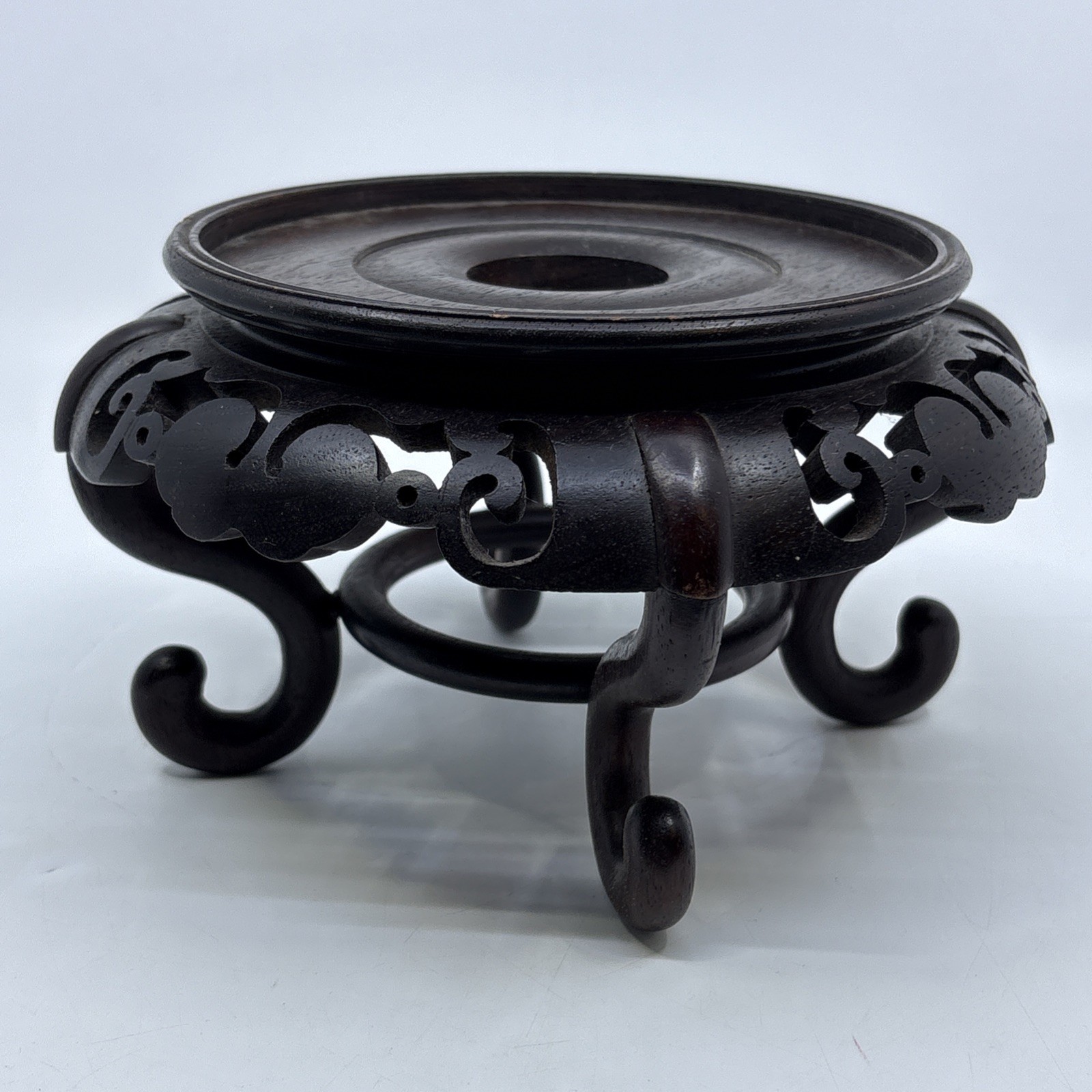 Vtg Chinese Wood Display Stand Vase Plant Asian Lamp Base Footed Legs 5.5″ Inner