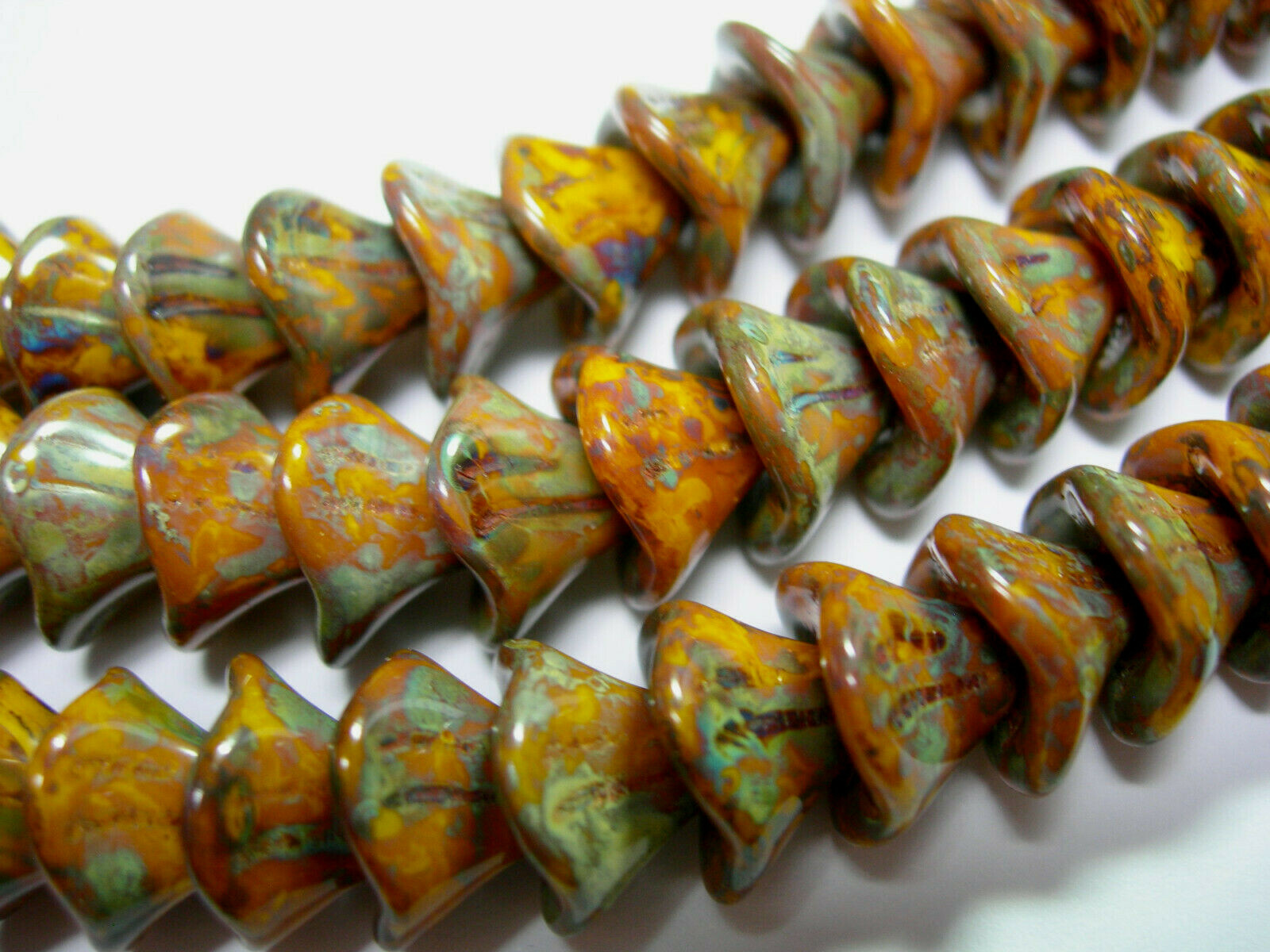 12 beads – Sunflower Gold Travertine Czech Glass 3 petal Flower Beads 10mm
