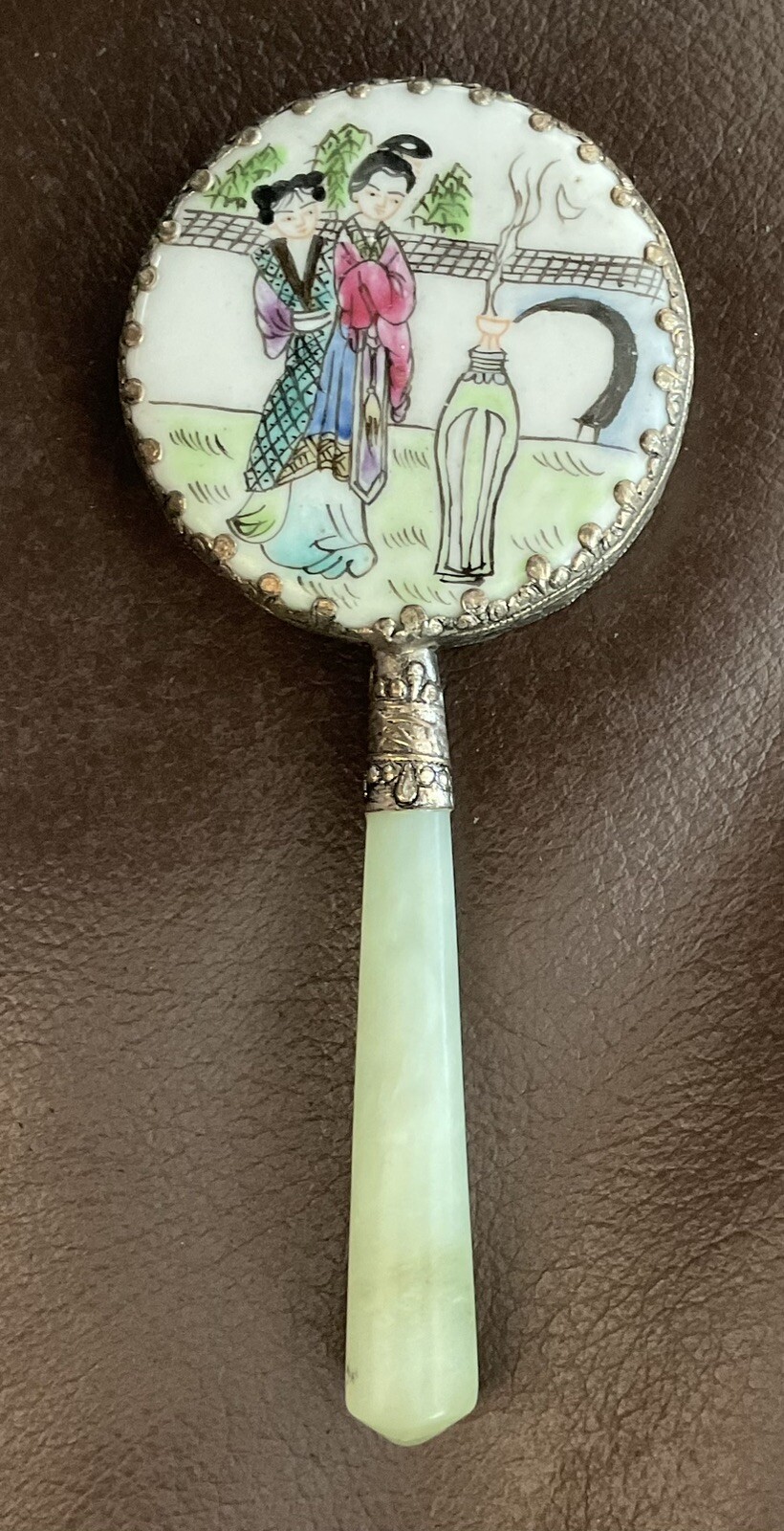 Chinese Small Hand Mirror Porcelain Scene Jade Handle China Asian Oriental