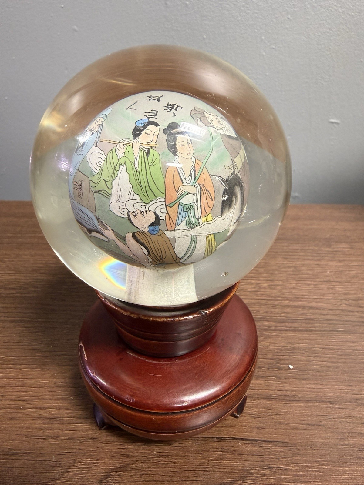 Vintage Chinese Hand Painted Reverse Art Glass Globe With Stand