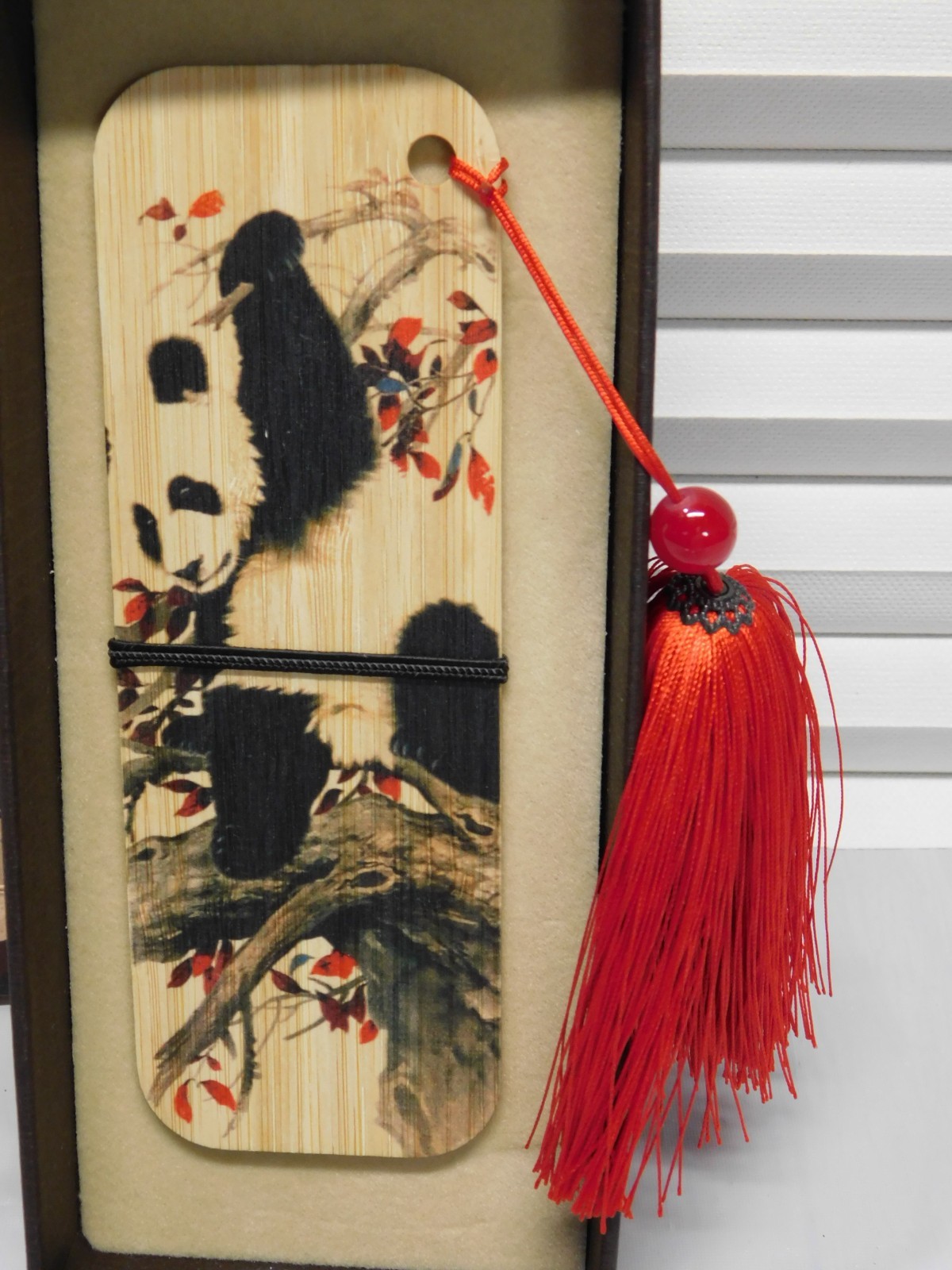 CHINESE COLLECTIBLE WOODEN PANDA BEAR AND SILK TASSEL BOOKMARK