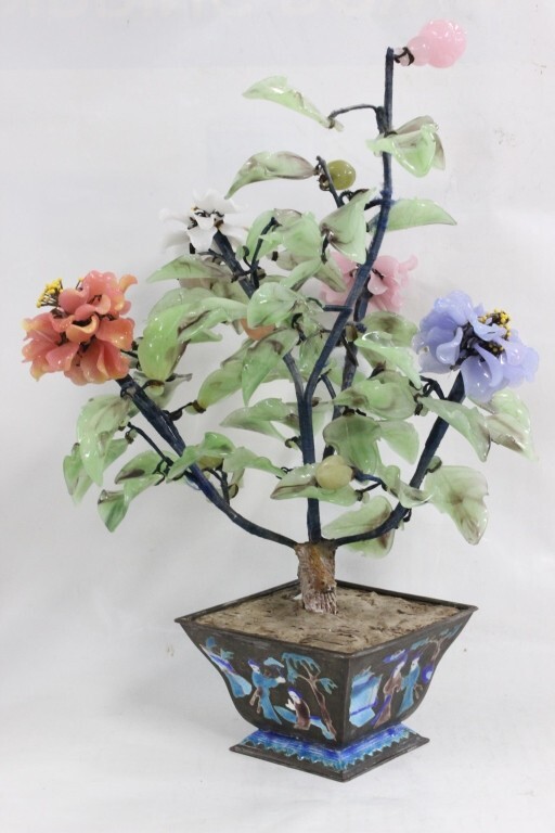 Chinese Liuli Bonsai Tree in Cloisonne Flower Pot