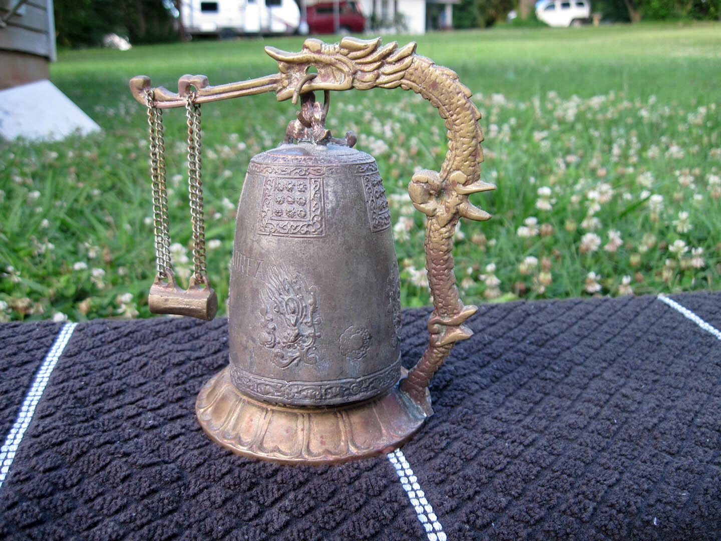 Vintage Asian / Oriental Bronze or Brass Dragon Bell w/ Swinging Hammer