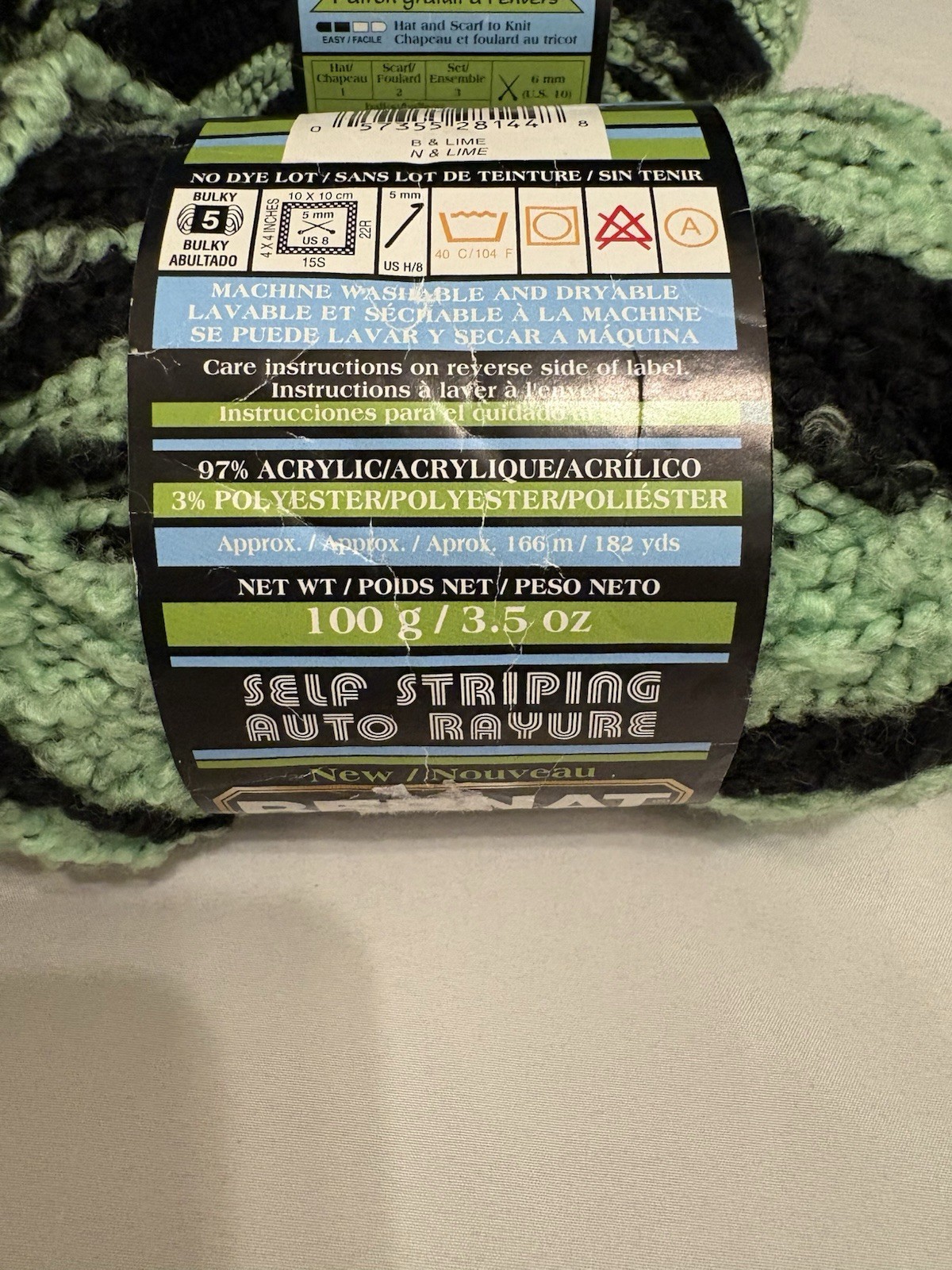 Bernat Super Stripes Black And Lime Self Striping Yarn Lot Of 4