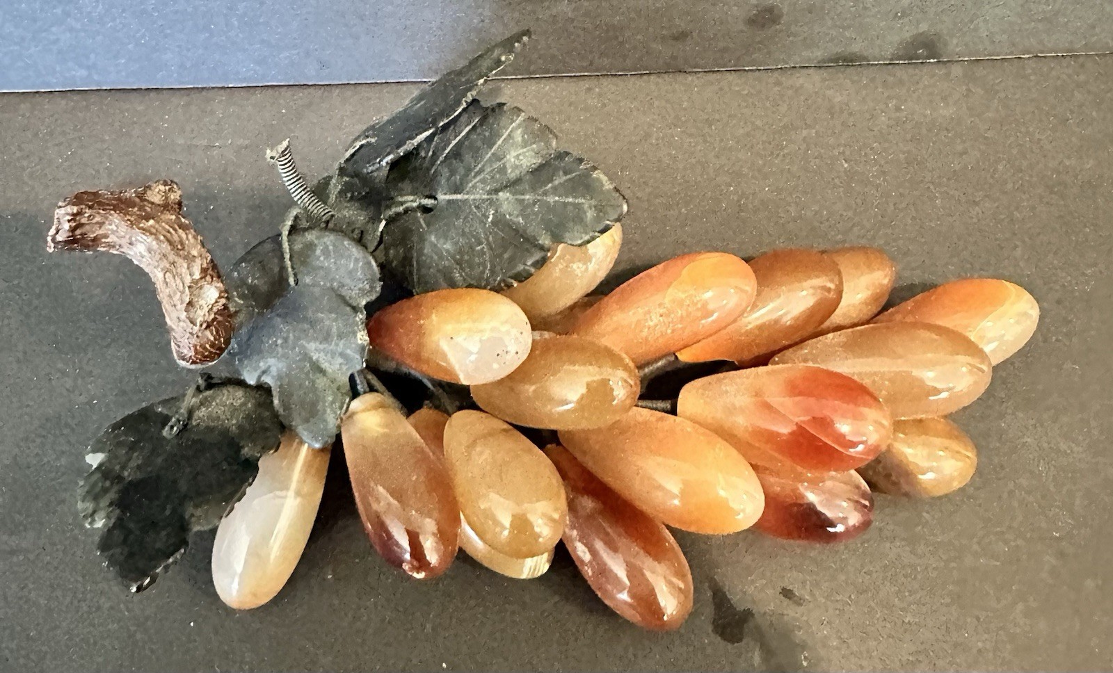 Grape Cluster With Brown Agate Quartz Carved Jade Leaves MCM 1950s