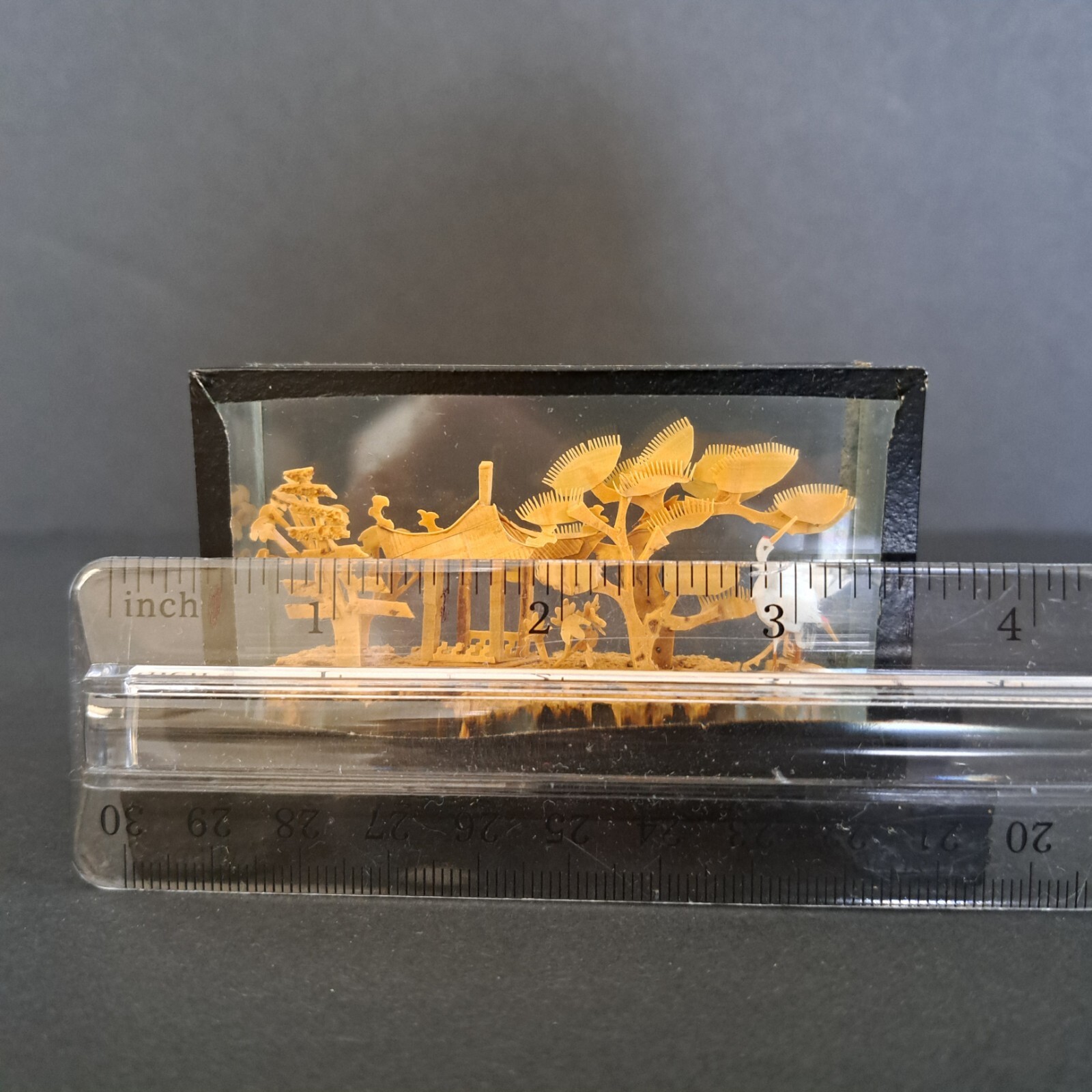 Carved Chinese Cork Diorama Shadow Box Sculpture In Glass Cranes Trees Pagoda