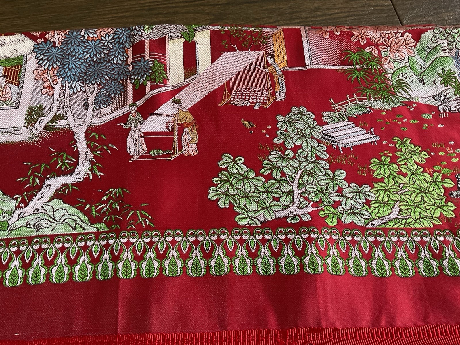 Vintage Brocaded Flowers brand Chinese Red Silk Tapestry Tablecloth 80″x54″