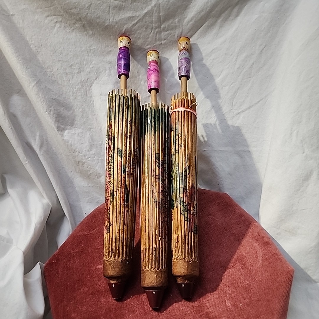 Set of 3 Vintage Oriental Hand Painted Birds & Flowers Bamboo Paper Parasols