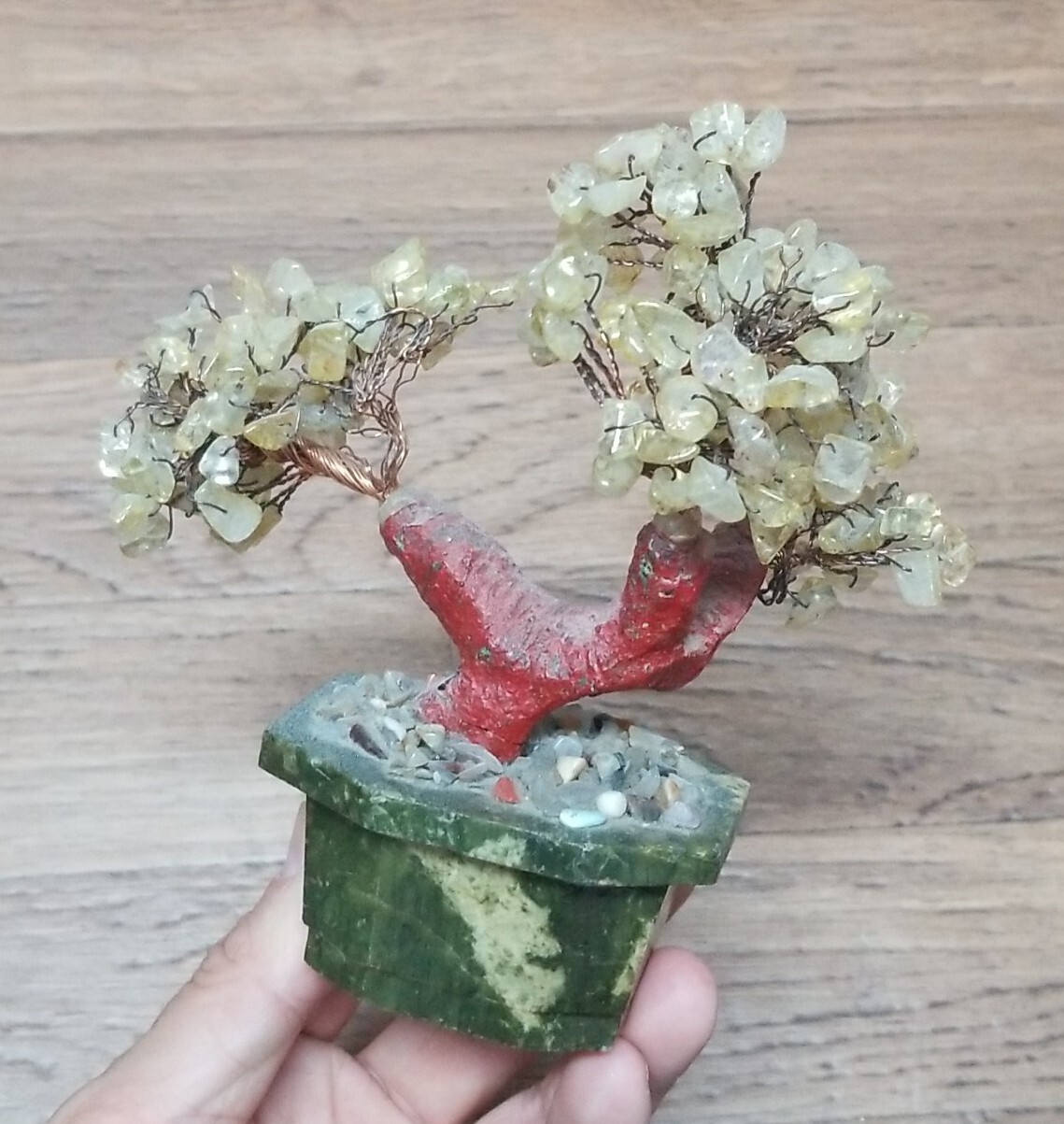 Vintage 6″ Stone Asian Vintage Carved Bonsai Tree Copper Wire with Stone Pot
