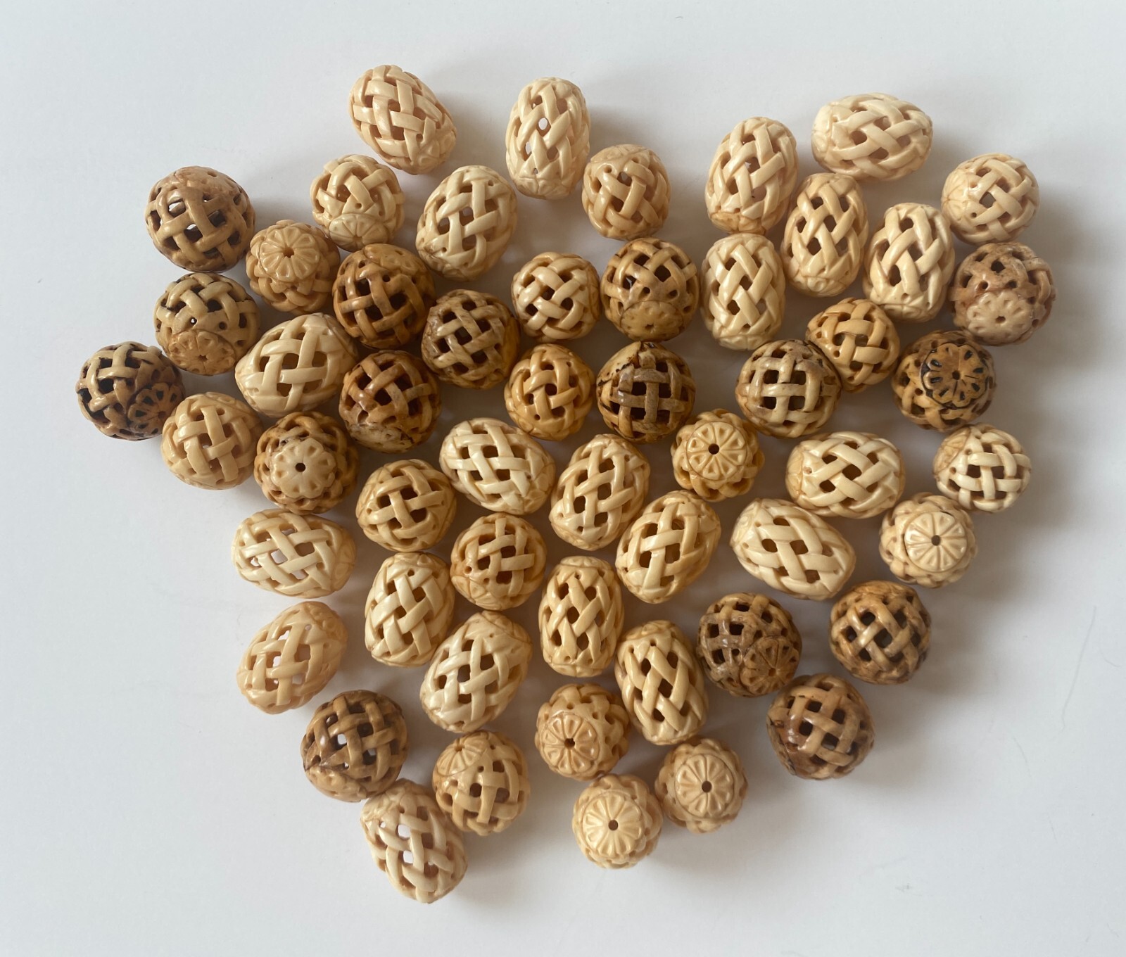Vintage Hand-Carved Asian Lattice Beads Bovine Bone Lot of 54