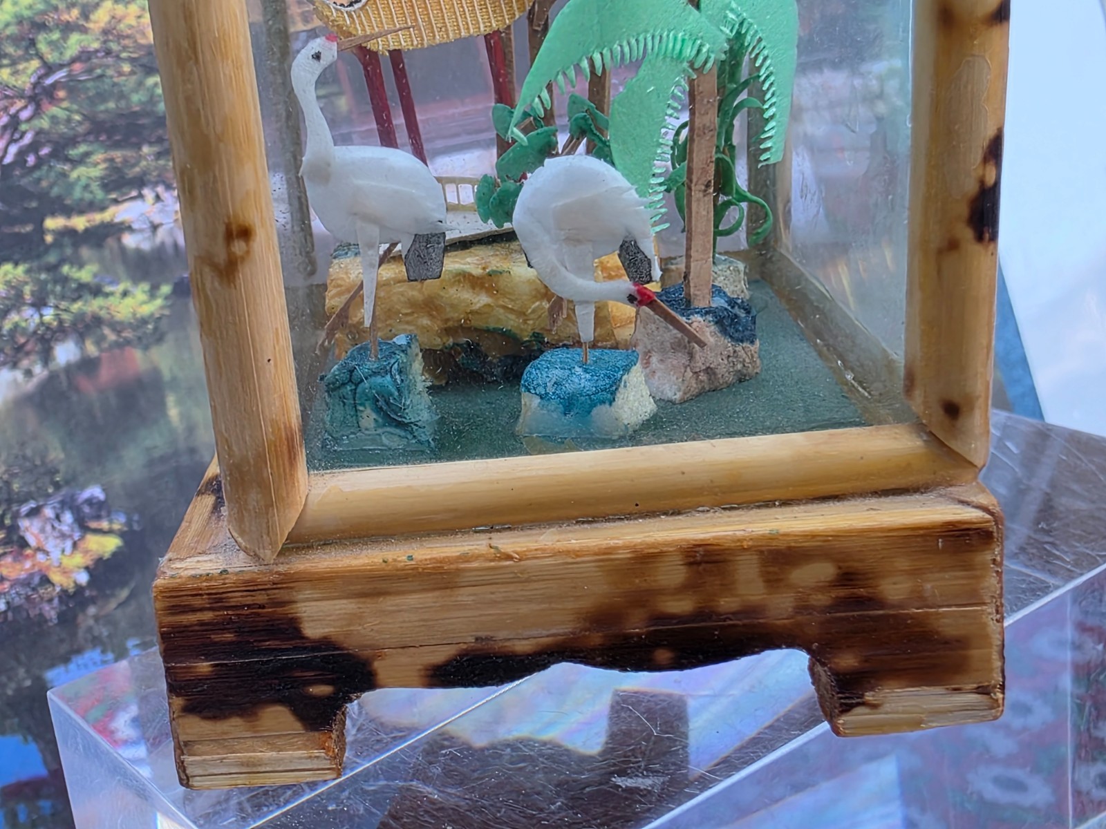 Vintage Carved Cork Chinese Miniature Diorama Shadow Box Cranes 3.75″T & 2.25″L