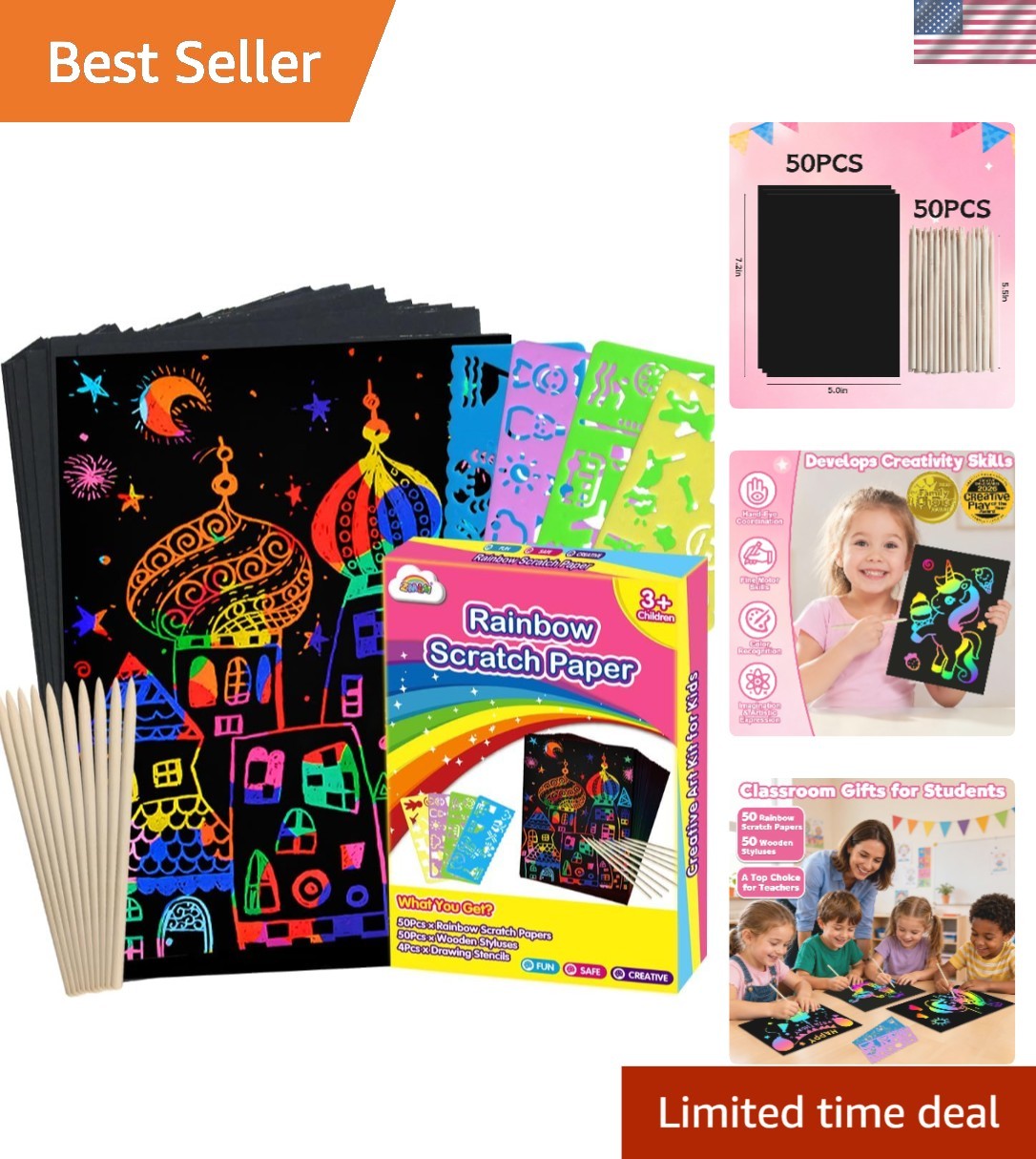 100PCS Rainbow Scratch Paper Art Kit – Perfect Gifts for Kids’ Creativity