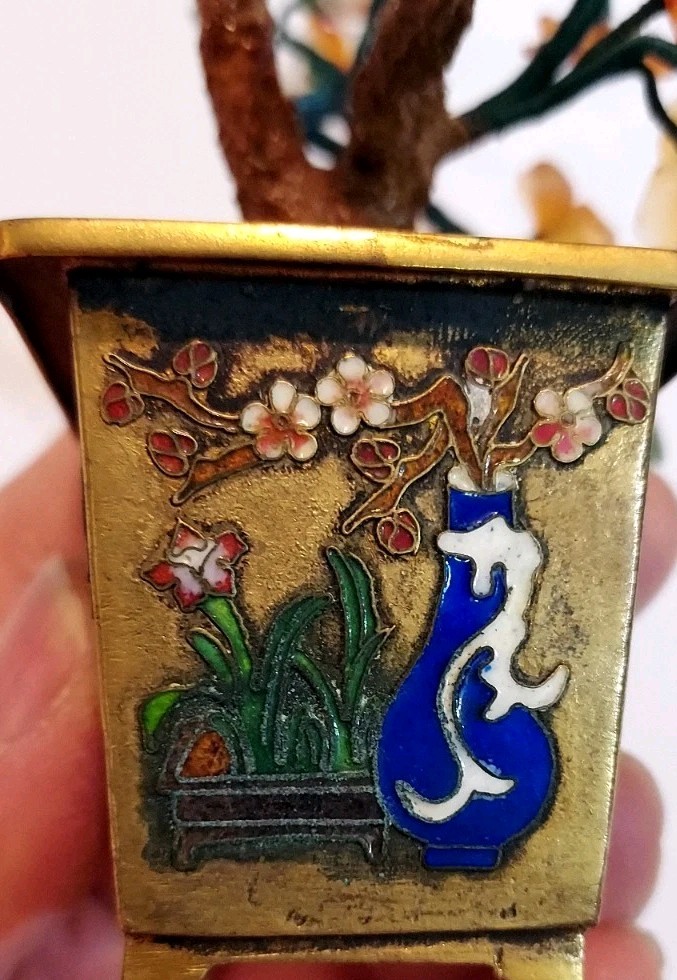 Vintage Carved Jade Tree Bonsai Flowers Cloisonne Planter Gemstones Carnelian