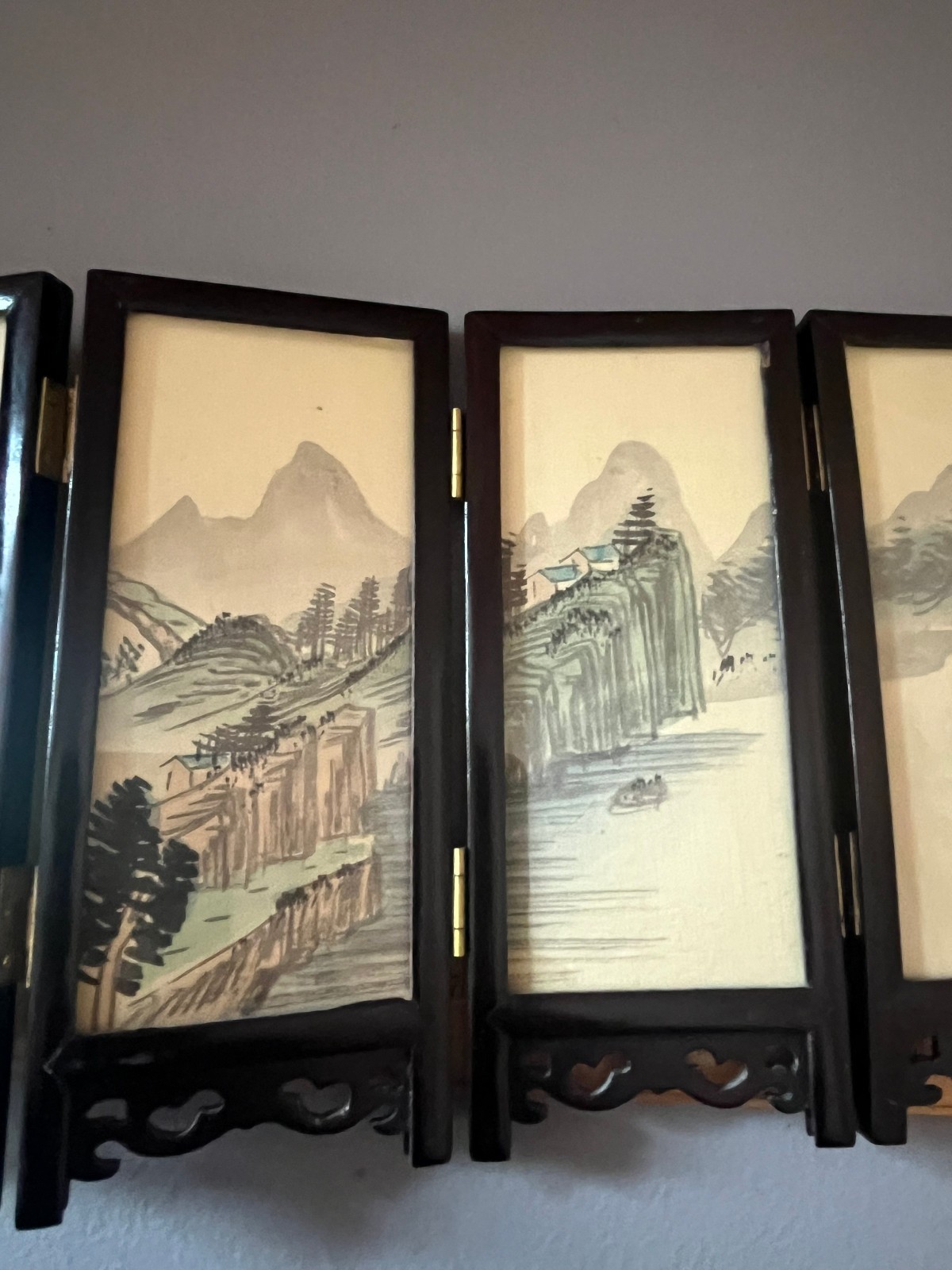 Vintage mini table top chinese 2 sided hand painted screens pannel wood/glass