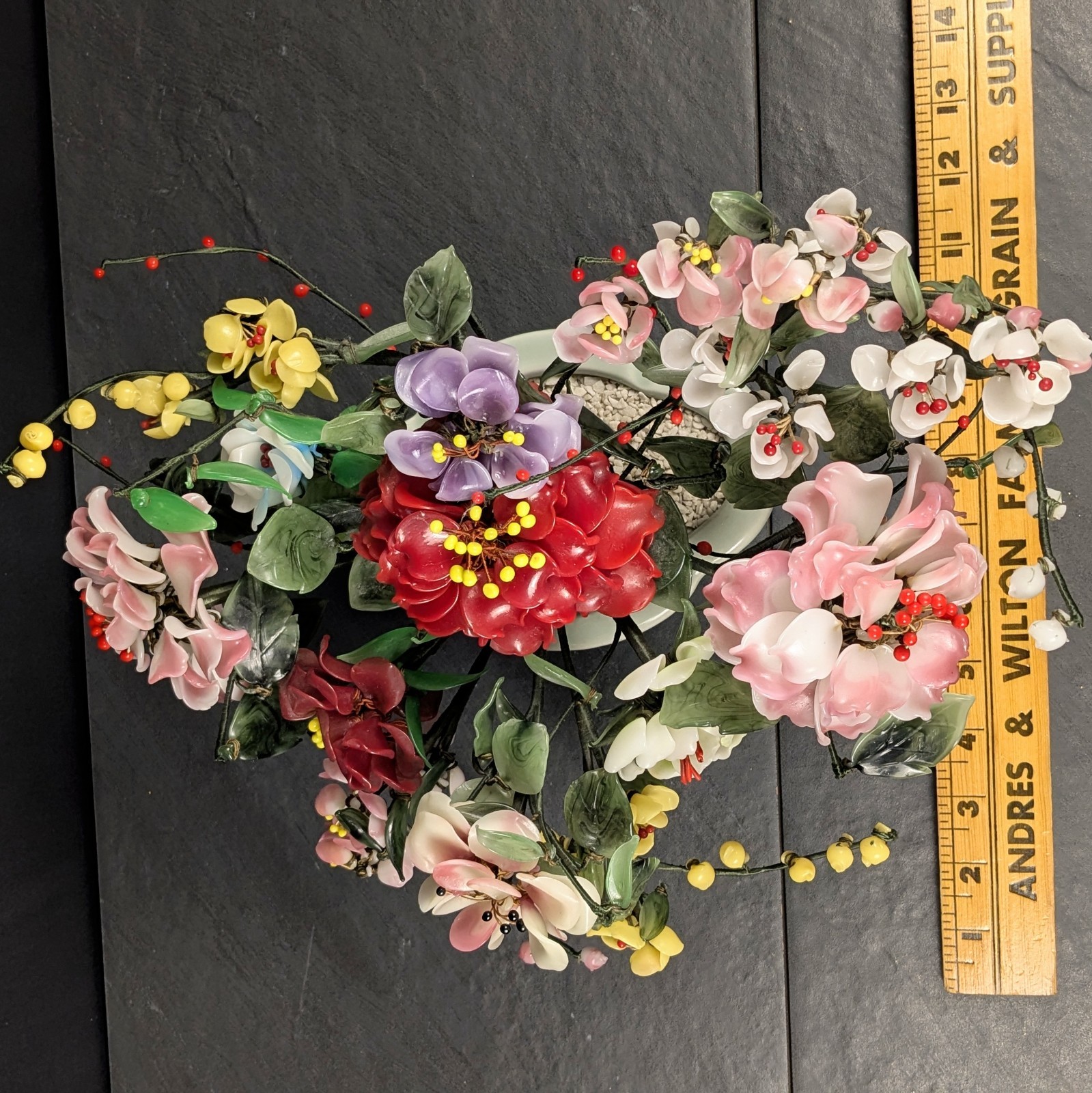 Vintage Jade Style Glass Flower Arrangement Asian Bonsai Planter Pink Red Purple
