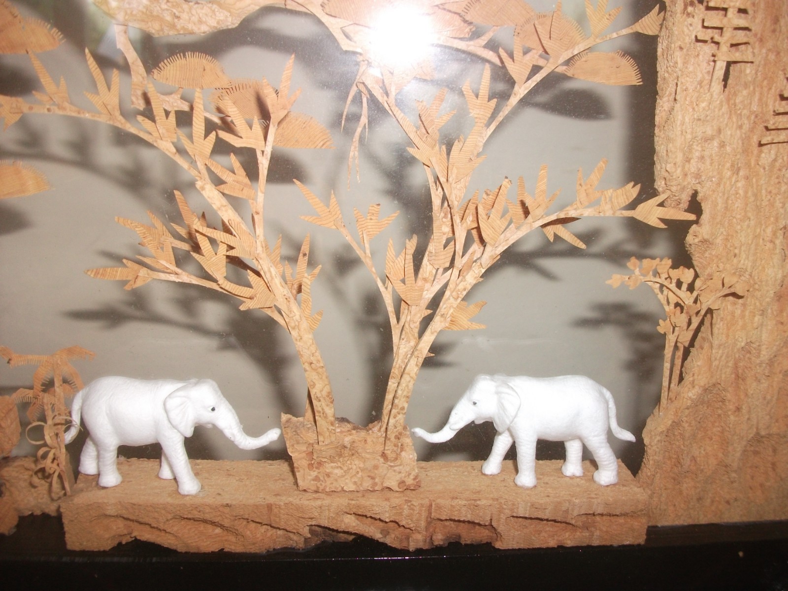 Vintage Chinese Cork Carving Diorama W/ Elephants Lacquered Shadowbox 20″ long
