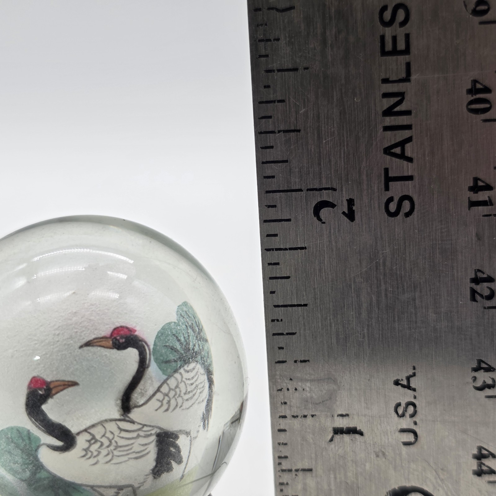 Vintage Reverse Hand Painted Cranes Revolving Sphere Ball Paperweight on Stand