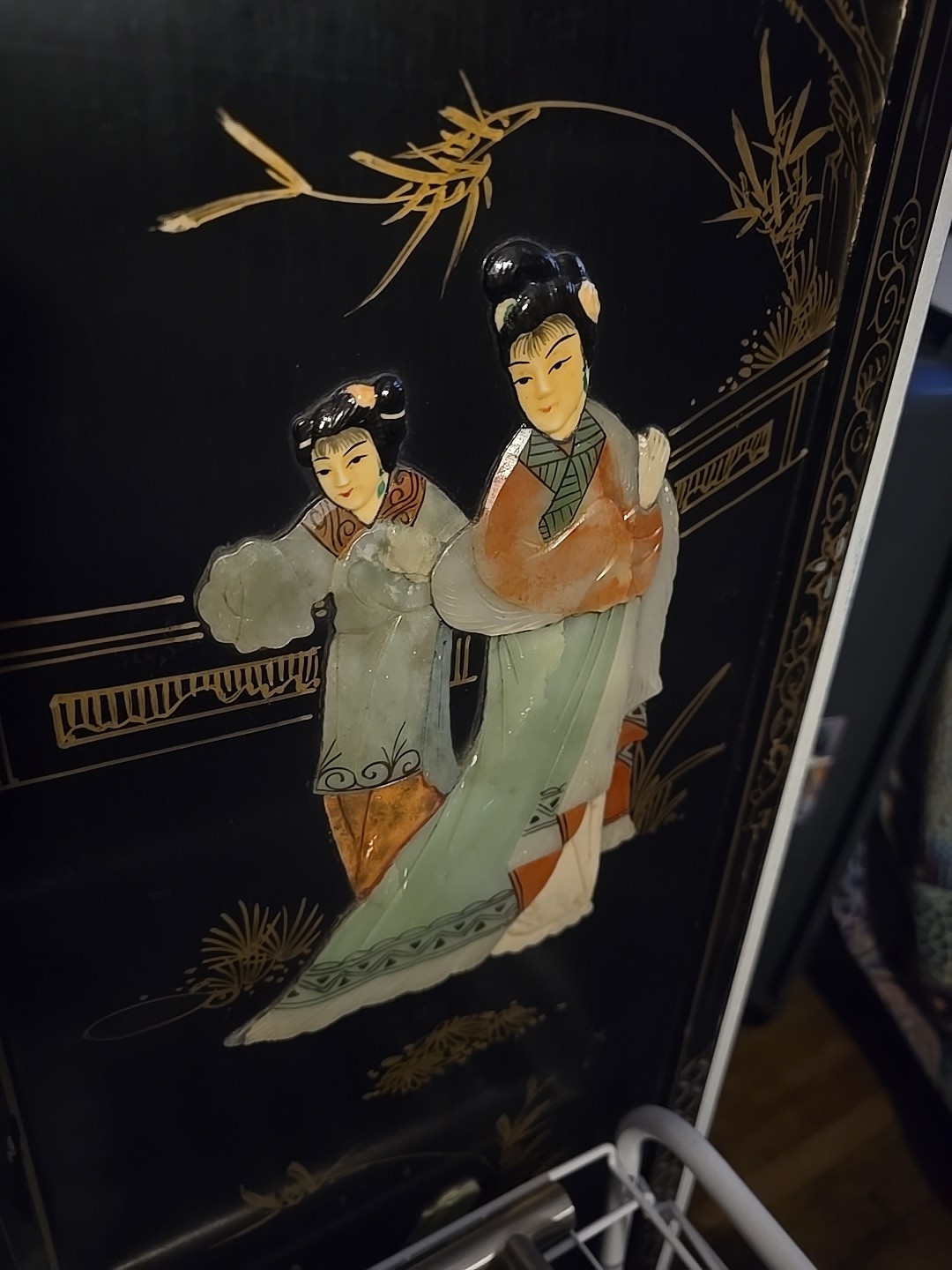 *RARE*MotherPearl Black Lacquer Antique Asian Wooden Wall Art