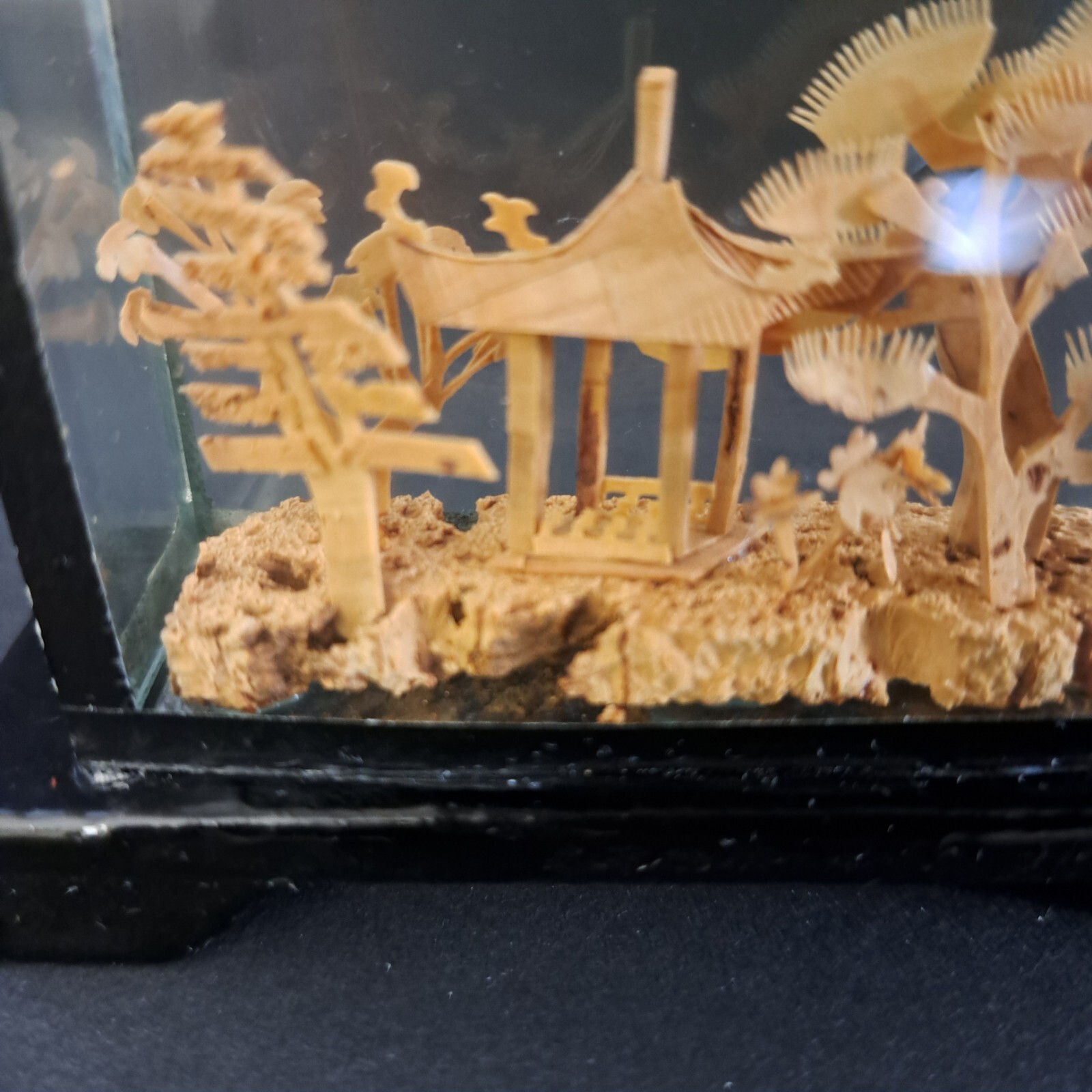 Carved Chinese Cork Diorama Shadow Box Sculpture In Glass Cranes Trees Pagoda