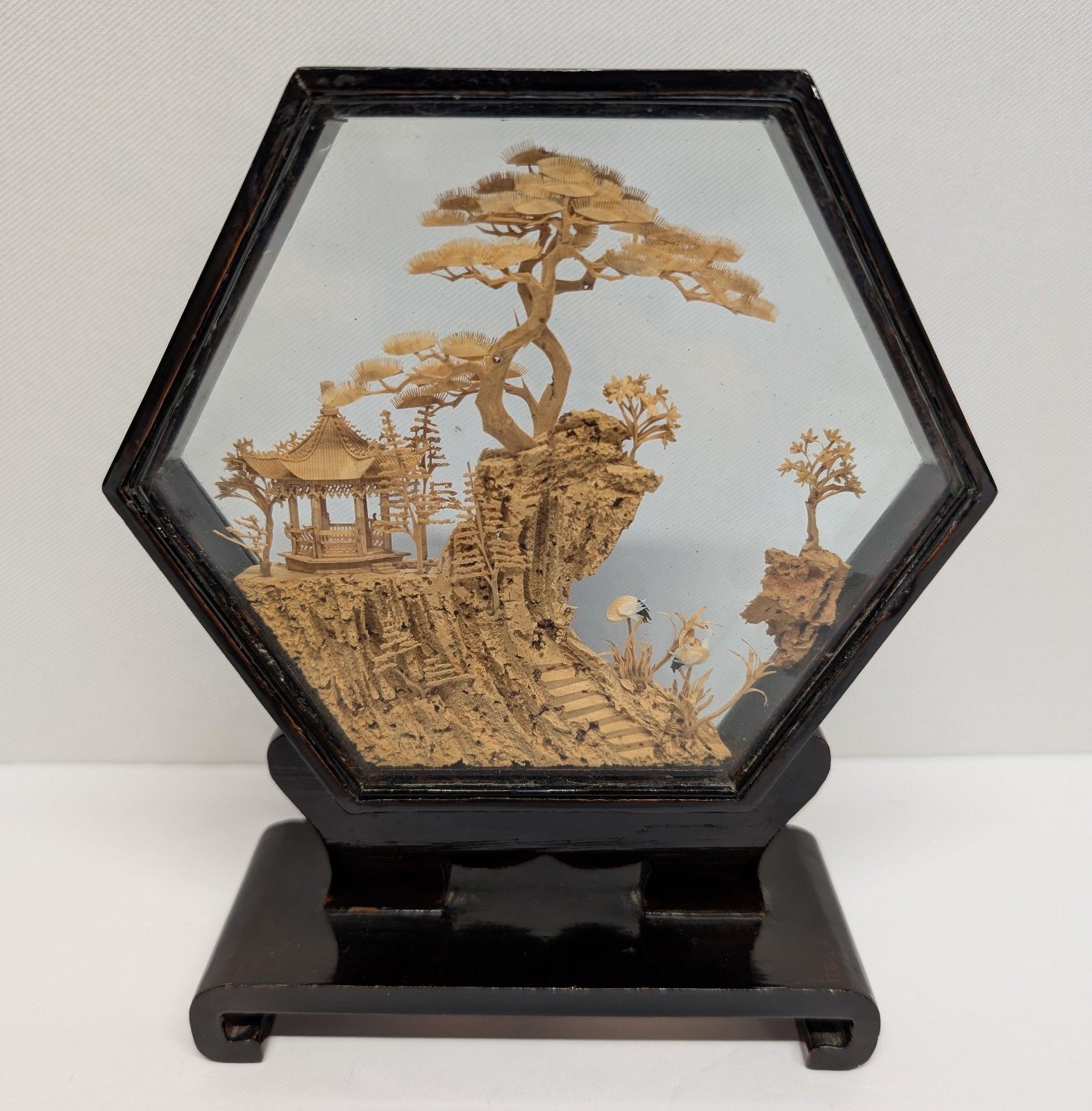 Vtg. Chinese 3-D Hand Carved Cork Diorama Hexagon Framed Art Crane Pagoda Trees