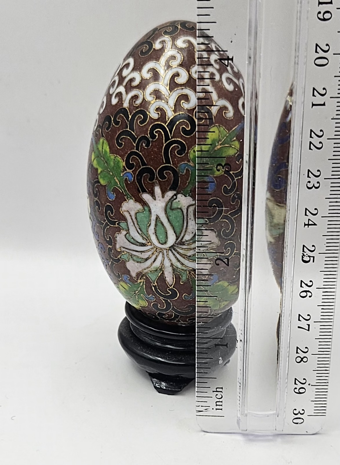 Vintage Chinese Cloisonne Enamel Egg Floral Brass w/ Wood Stand 4.5″