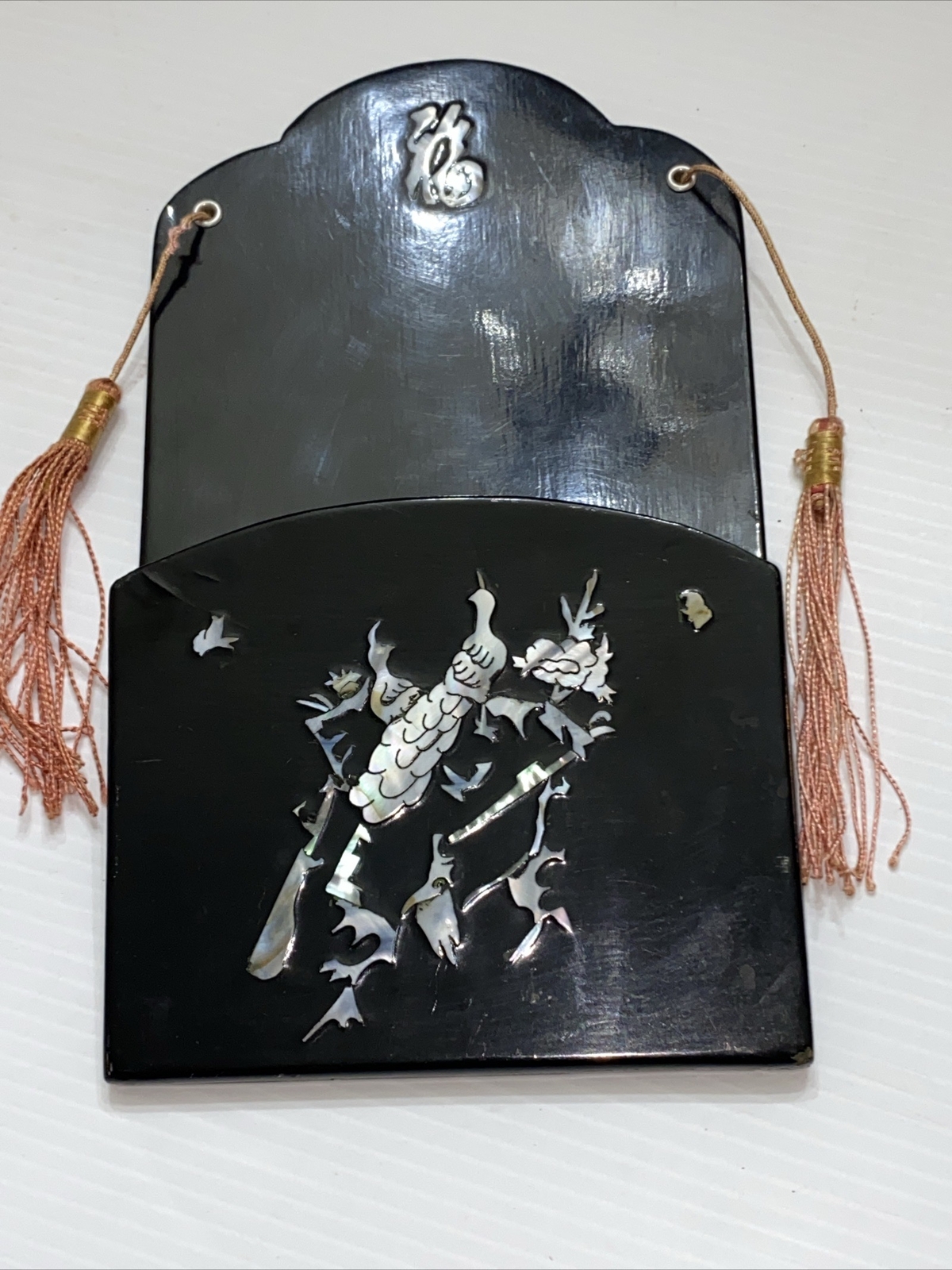 Vintage Mother Of Pearl Letter Holder Notes Oriental Style Black Wall Hanging