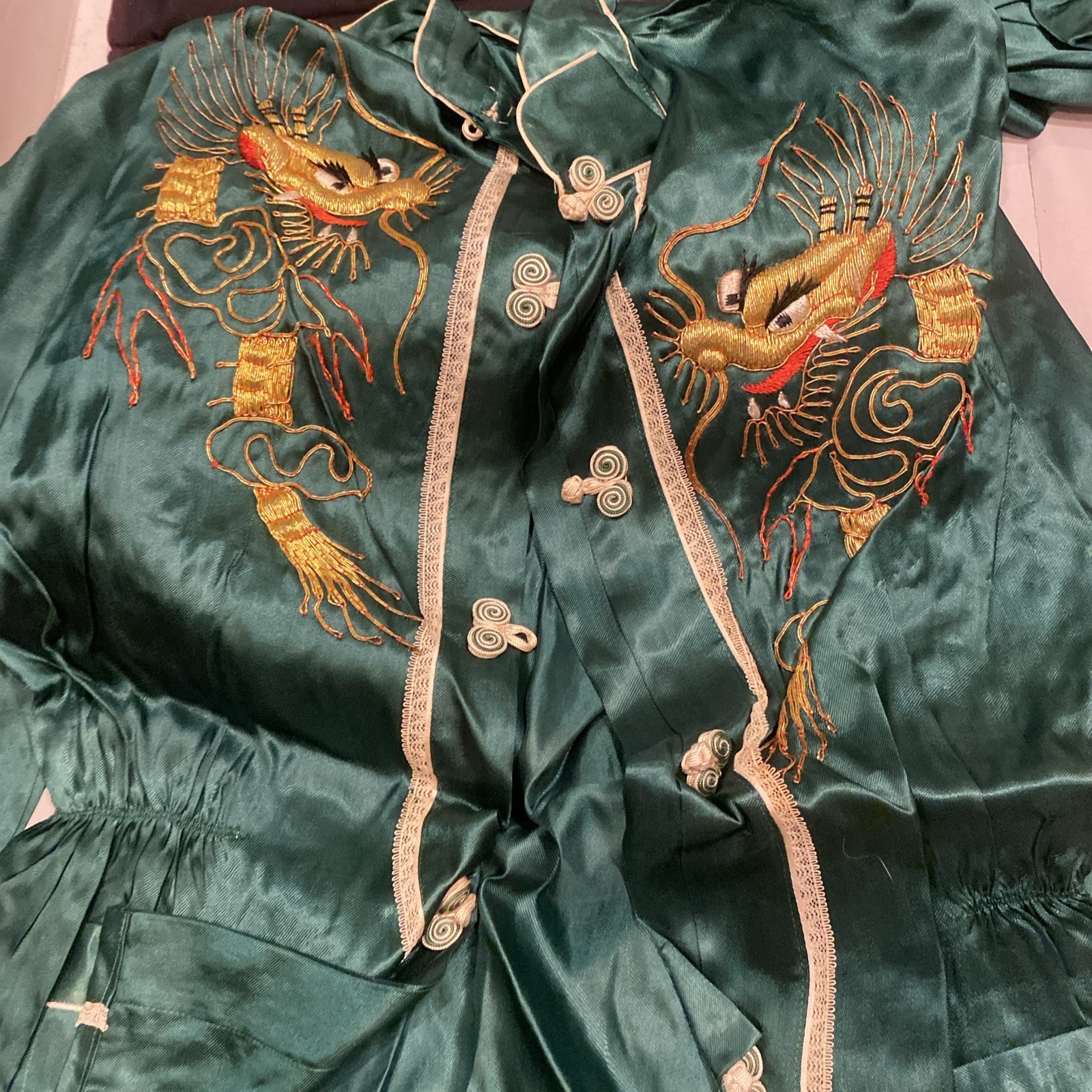 Vintage 1950s Chinese Dragon Embroidered Handmade Satin Women Bedtime Box Set