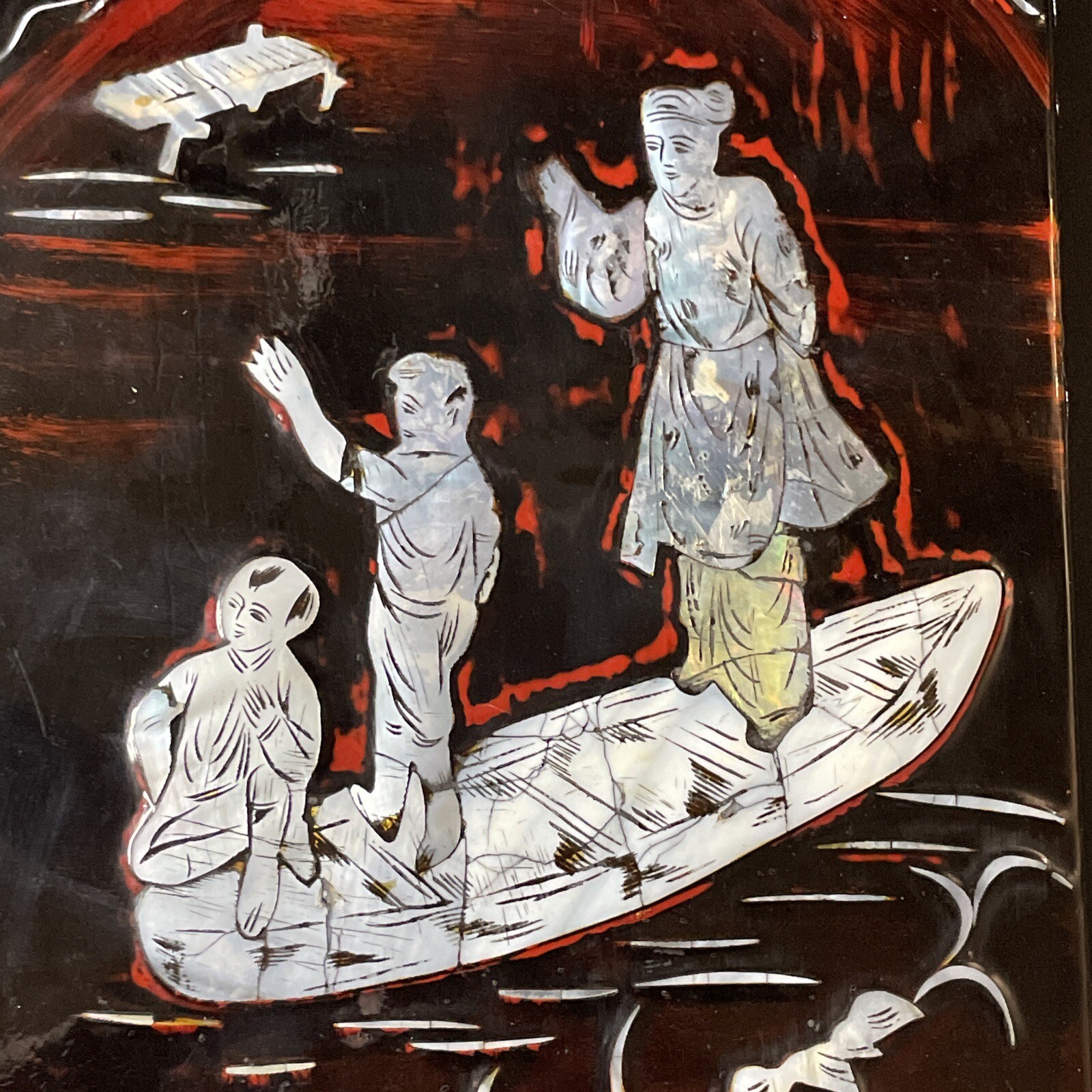 Vintage 1980s China Mother-Of-Pearl Lacquered On Solid Wood Figural Wall Art 15″