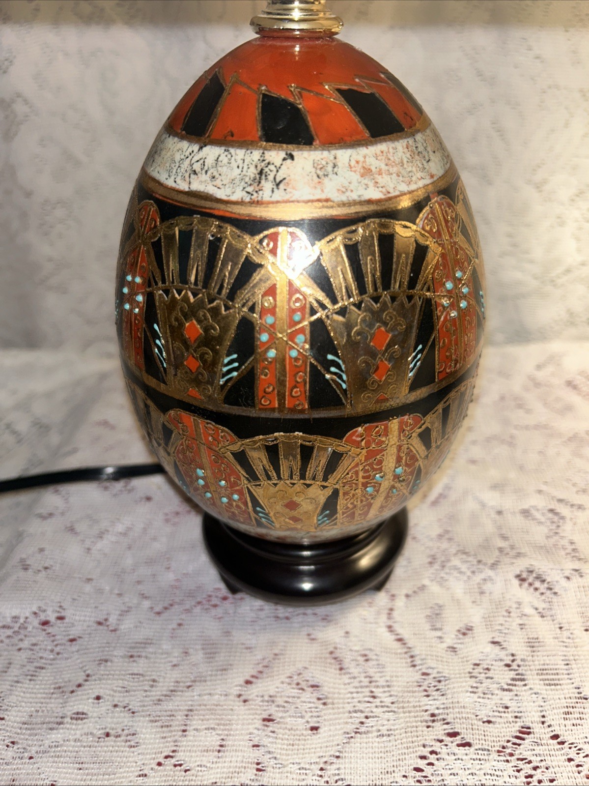 Vintage Chinese Cloisonné Ceramic Hand Painted Egg Lamps With Wood Stand