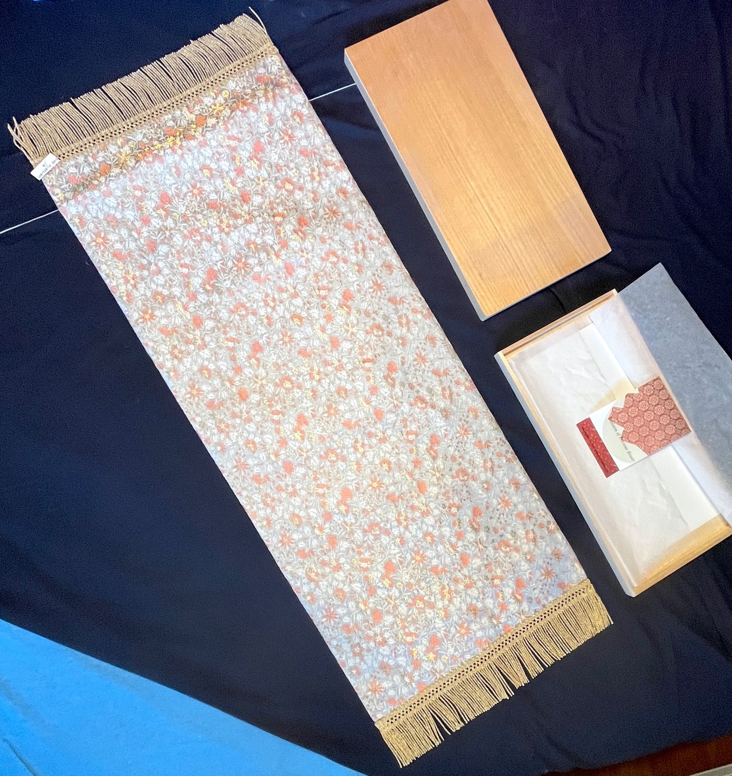 Vintage Japan Silk Table Runner Wall Hanging Original Box Gold Silver Thread KT