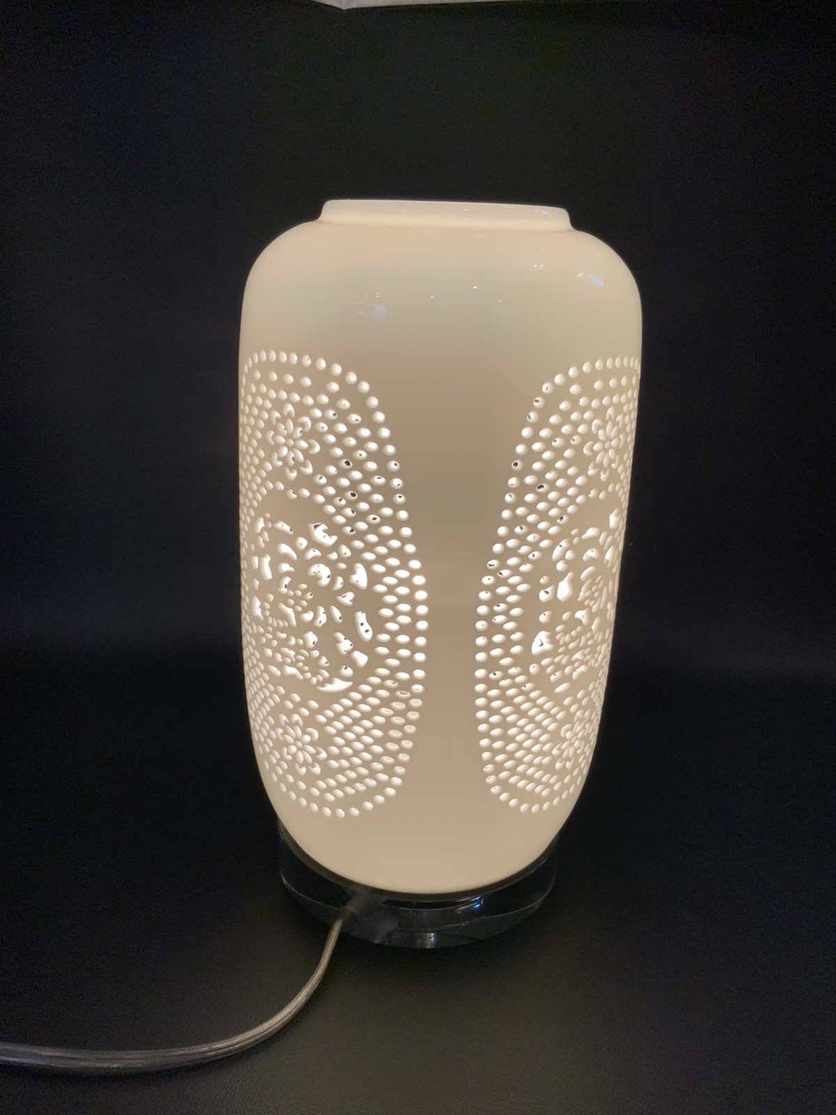 Lamp Pierced White Bone China W/Lucite Base Modern