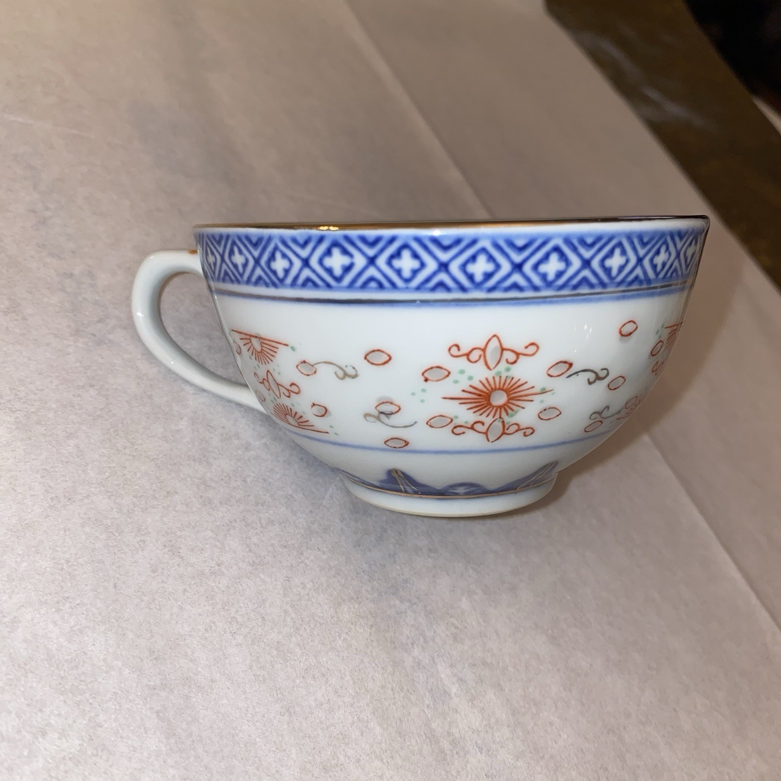 Vtg. Chinese Gilded Blue/White Jingdezhen Rice Design replacement CUP-Beautiful