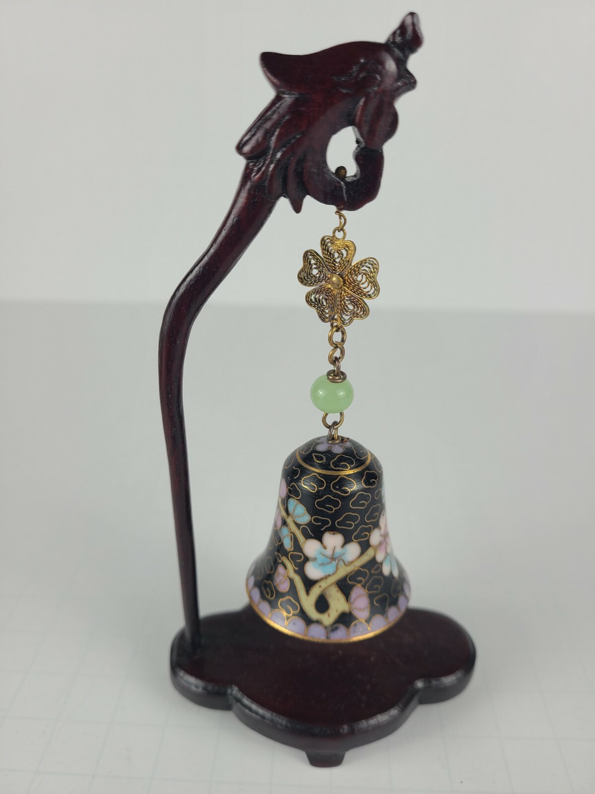 Chinese Asia Floral Painted Cloisonné Bell w/ Wood Stand Crane Birds Design
