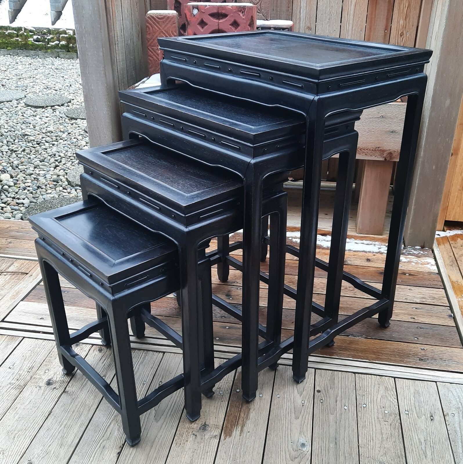 EBONIZED elegant chinese rosewood nesting tables vtg end side statue bowl stand