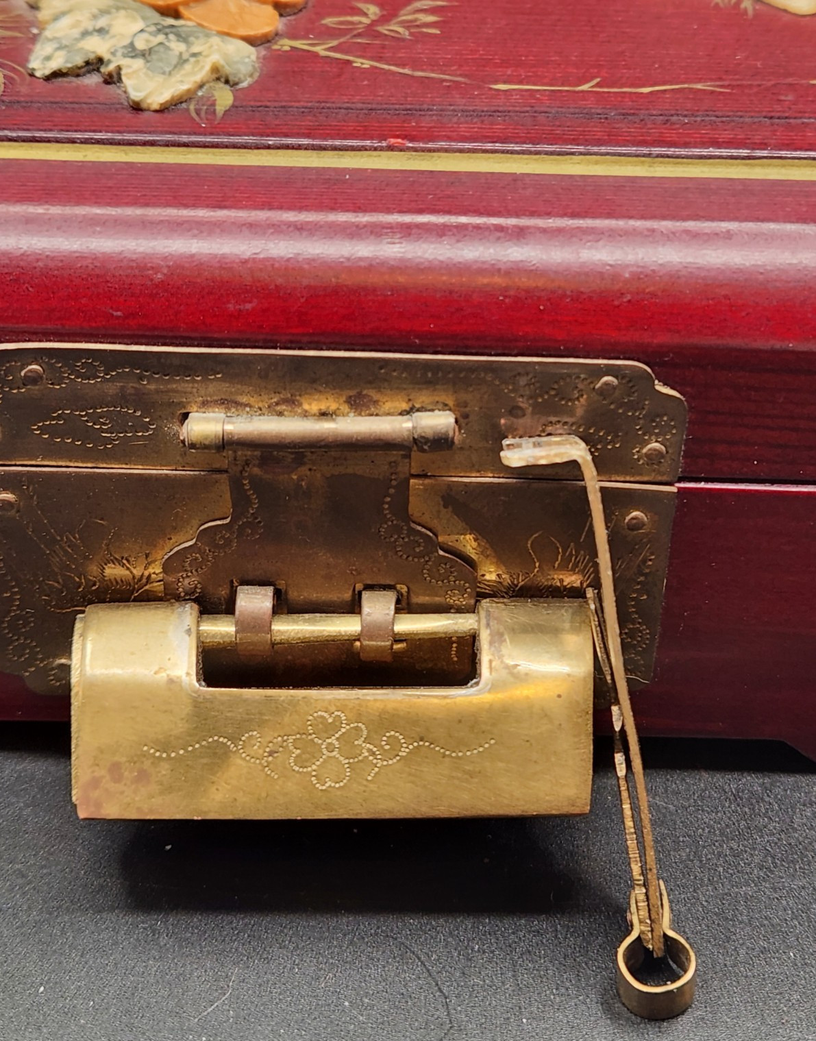 Wood & Brass Locking Box Shanghai China W/Lock & Key Jewelry Trinket – Vintage