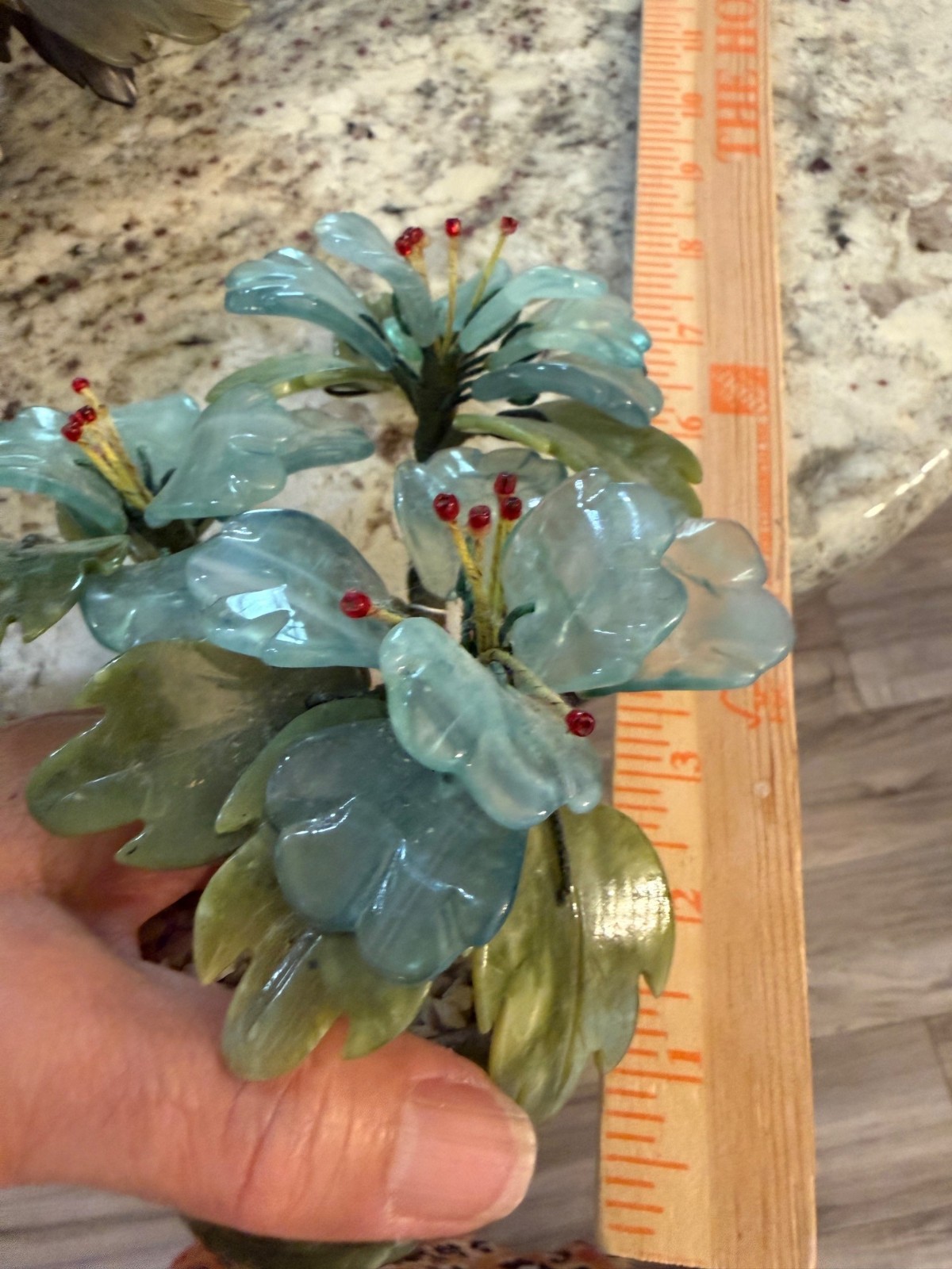 Vintage MCM Jade Quartz Flower Bonsai Tree Red Carnelian Table Top Mantle Read