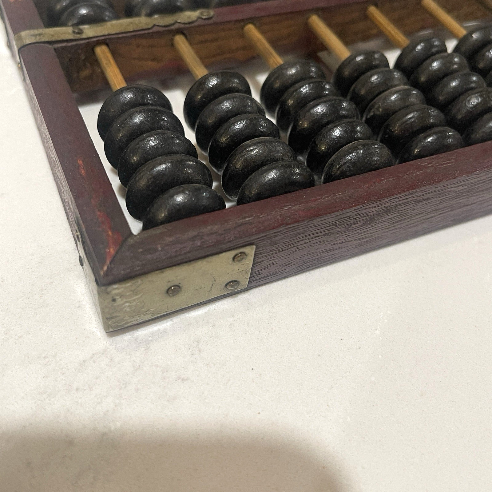 Vintage Abacus Brass Corners Chinese style Calculator Dark Wood 11 x 4.5 inch