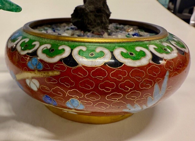 Chinese Quartz & Jade Flower Tree in Cloisonne Pot Vintage Bonzai for good luck
