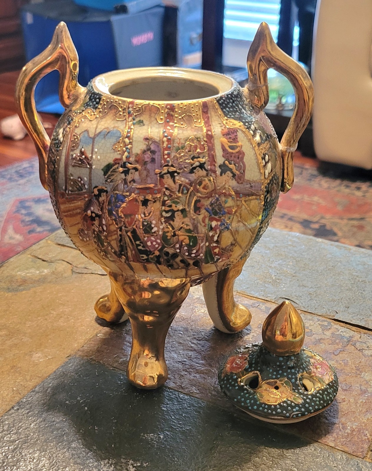 Vintage Satsuma China Incense Burner Porcelain Bowl 3 Footed W/Lid