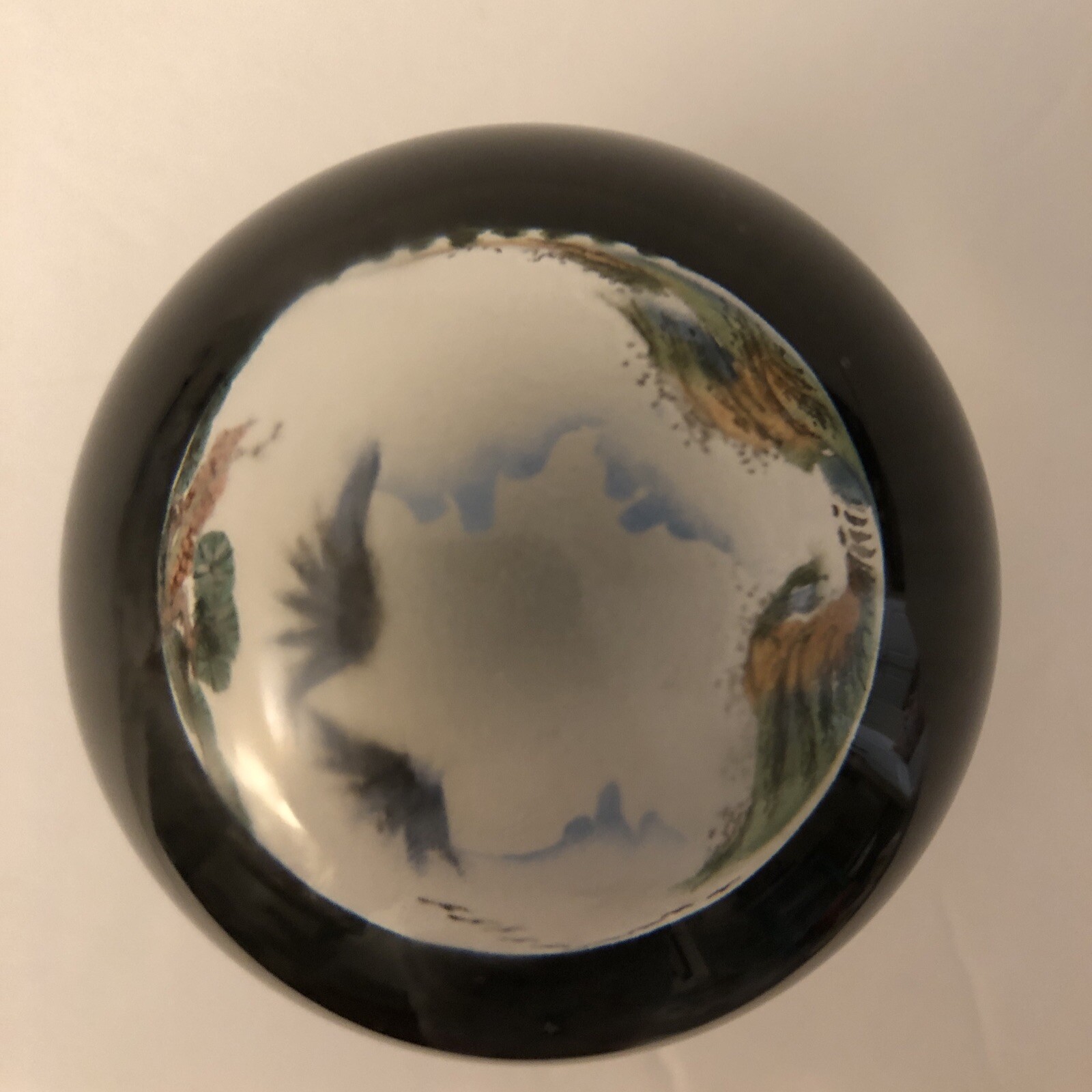 VTG Reverse Painted Glass Ball Sphere Paperweight Oriental Mountain Scene 2”x2”