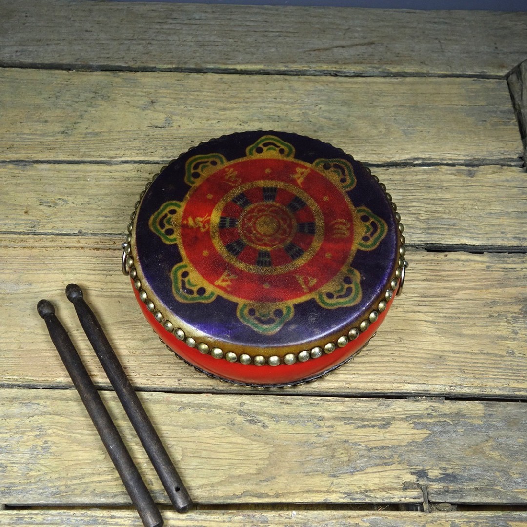 Vintage Hand Painted Cowhide Drum Tibetan Dharma Wheel Decor 25cm