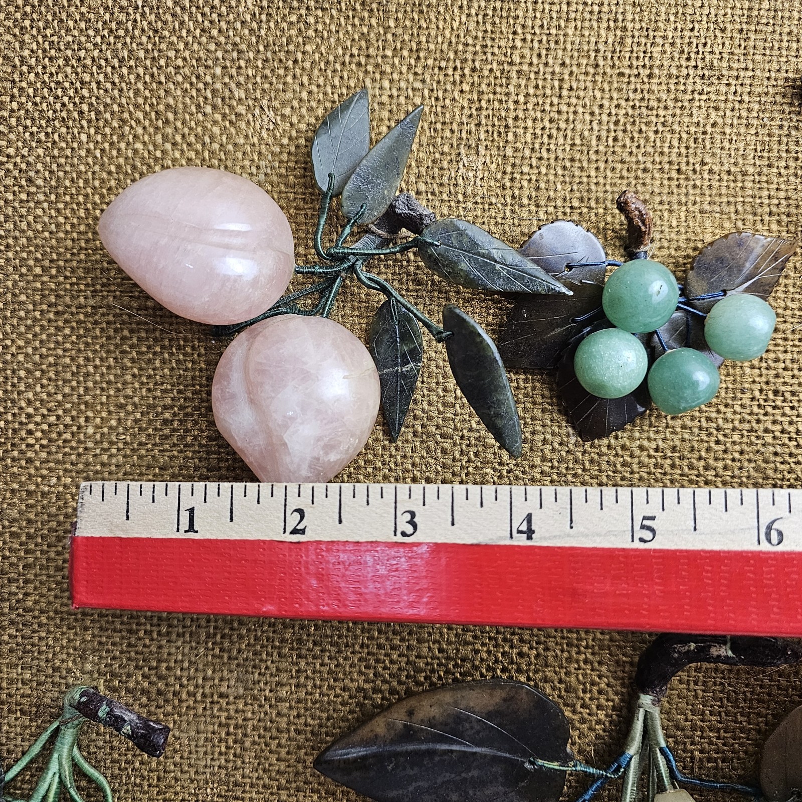 Vtg Chinese Jade Rose Quartz Carnelian Fruit Frame Cherry Pear Peach Wall Art