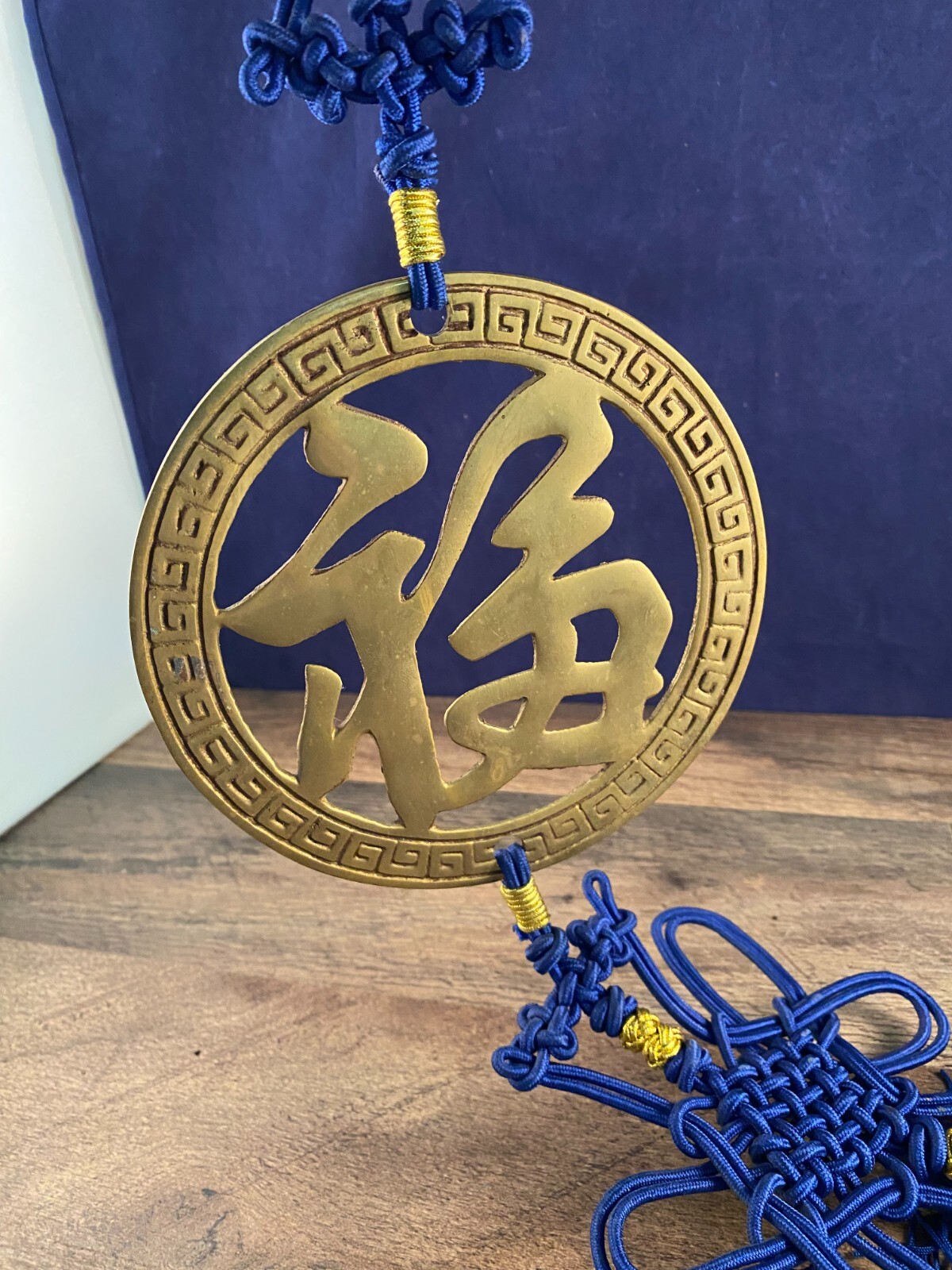 Large Blue Double Tasseled Chinese Knot Wall Hanging Brass Medallion 6″W x 47″H